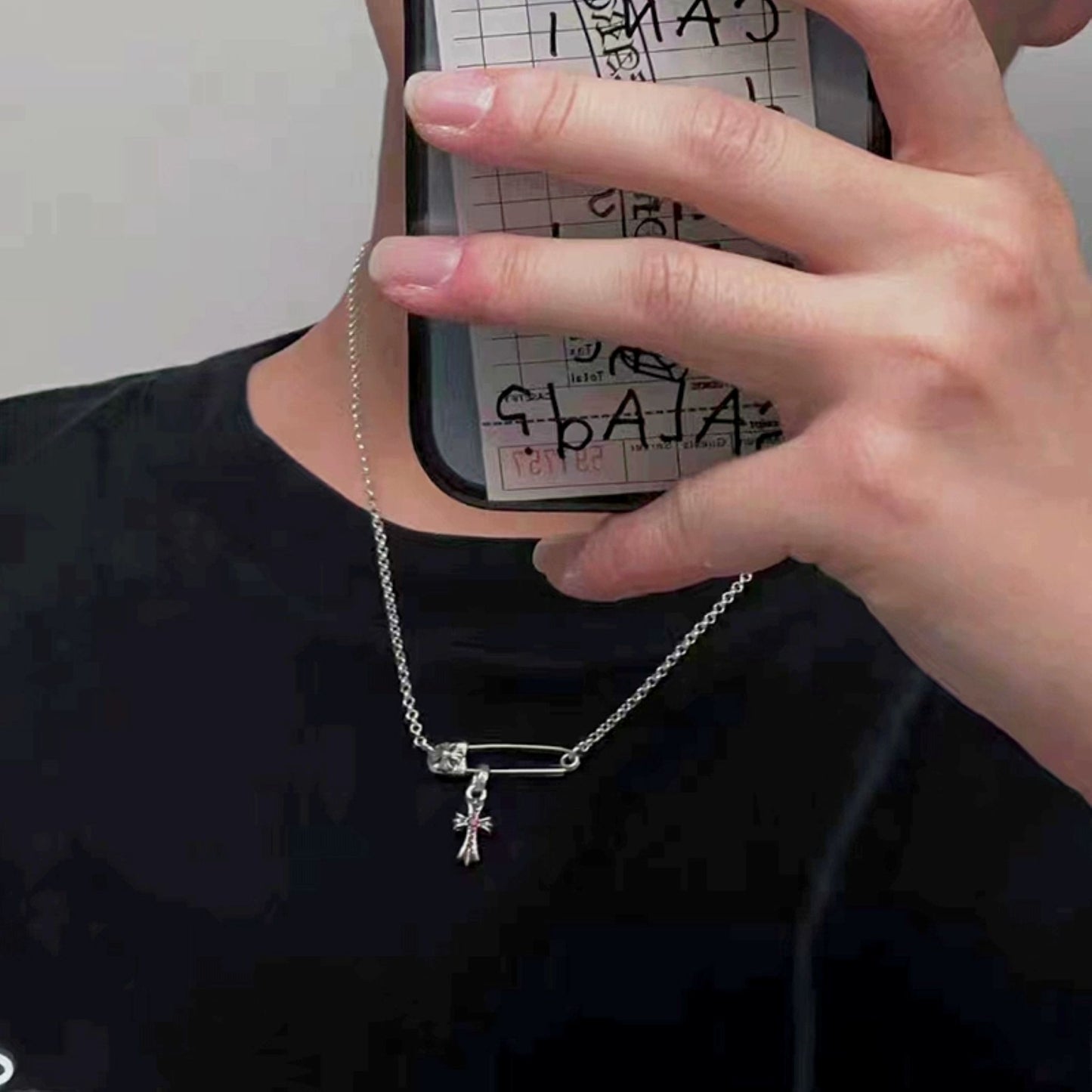 Chrome Hearts Safety Pin Necklace with Cross Babyfat, 925 Silver Roll Chain Necklace with Cross Charm