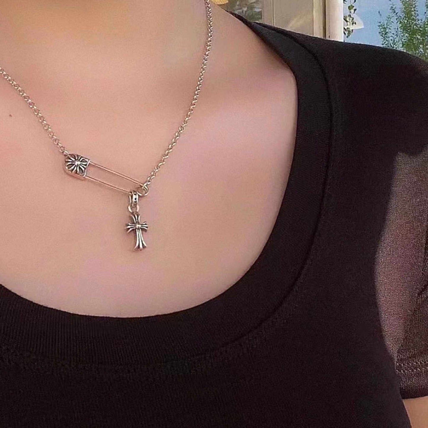 Chrome Hearts Safety Pin Necklace with Cross Babyfat, 925 Silver Roll Chain Necklace with Cross Charm