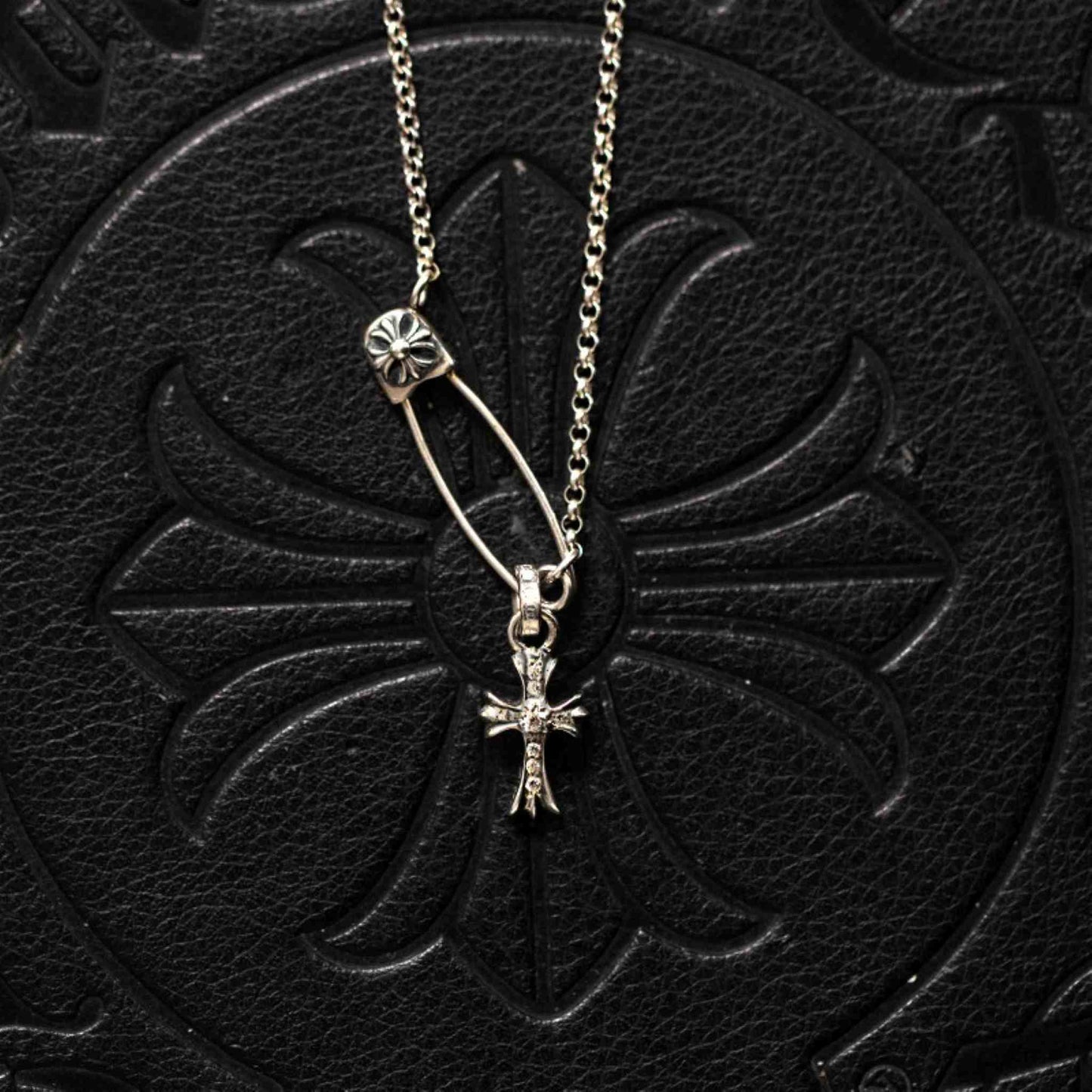 Chrome Hearts Safety Pin Necklace with Cross Babyfat, 925 Silver Roll Chain Necklace with Cross Charm