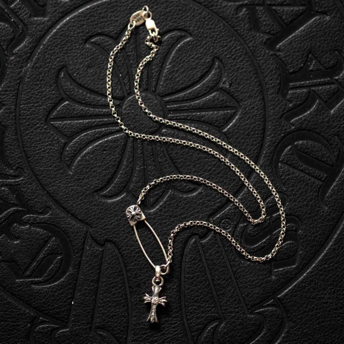 Chrome Hearts Safety Pin Necklace with Cross Babyfat, 925 Silver Roll Chain Necklace with Cross Charm