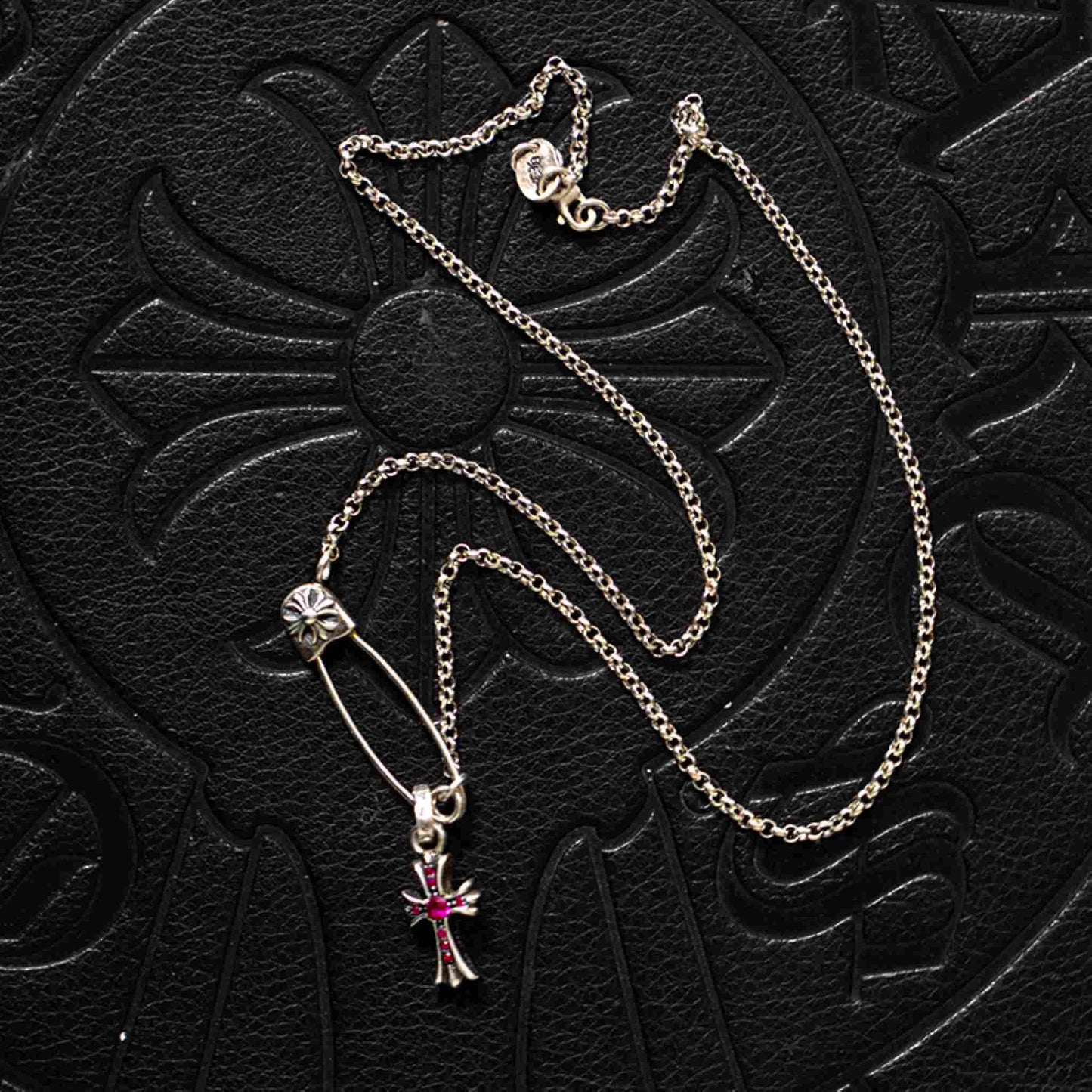 Chrome Hearts Safety Pin Necklace with Cross Babyfat, 925 Silver Roll Chain Necklace with Cross Charm