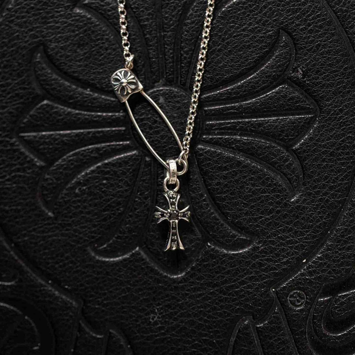 Chrome Hearts Safety Pin Necklace with Cross Babyfat, 925 Silver Roll Chain Necklace with Cross Charm