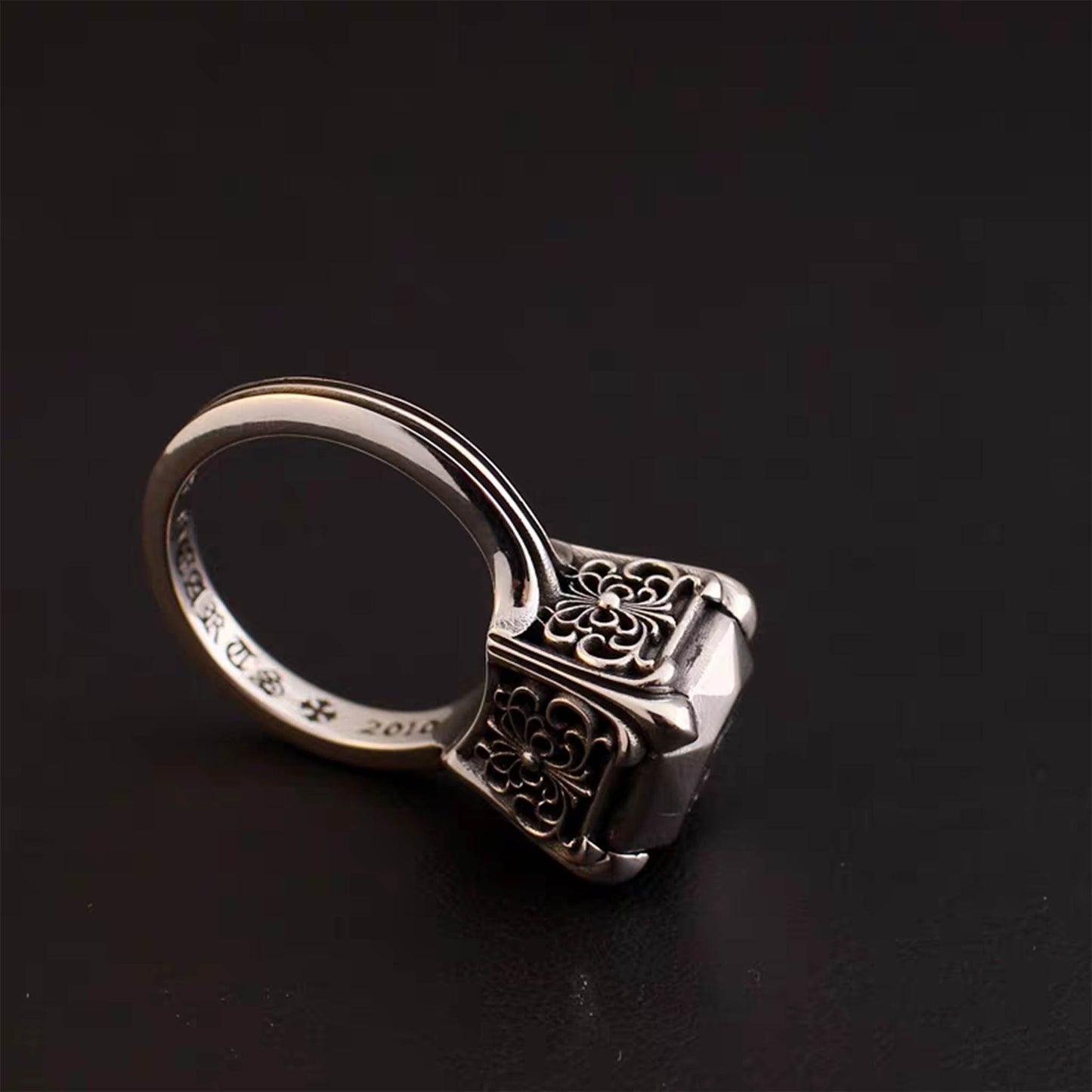 Chrome Hearts Gothic Cross Silver Diamond Ring, Sterling Silver Punk Statement Signet Rings