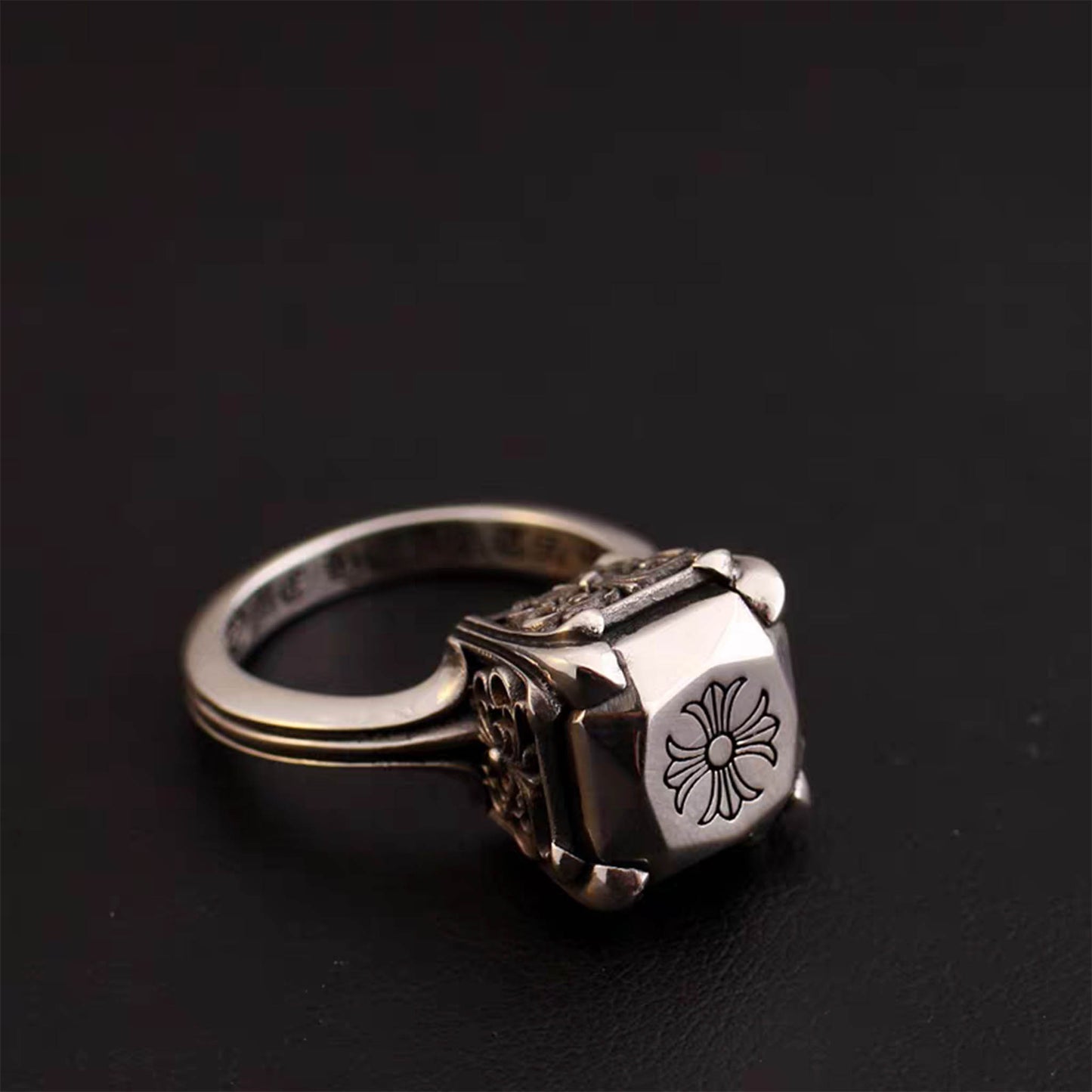 Chrome Hearts Gothic Cross Silver Diamond Ring, Sterling Silver Punk Statement Signet Rings