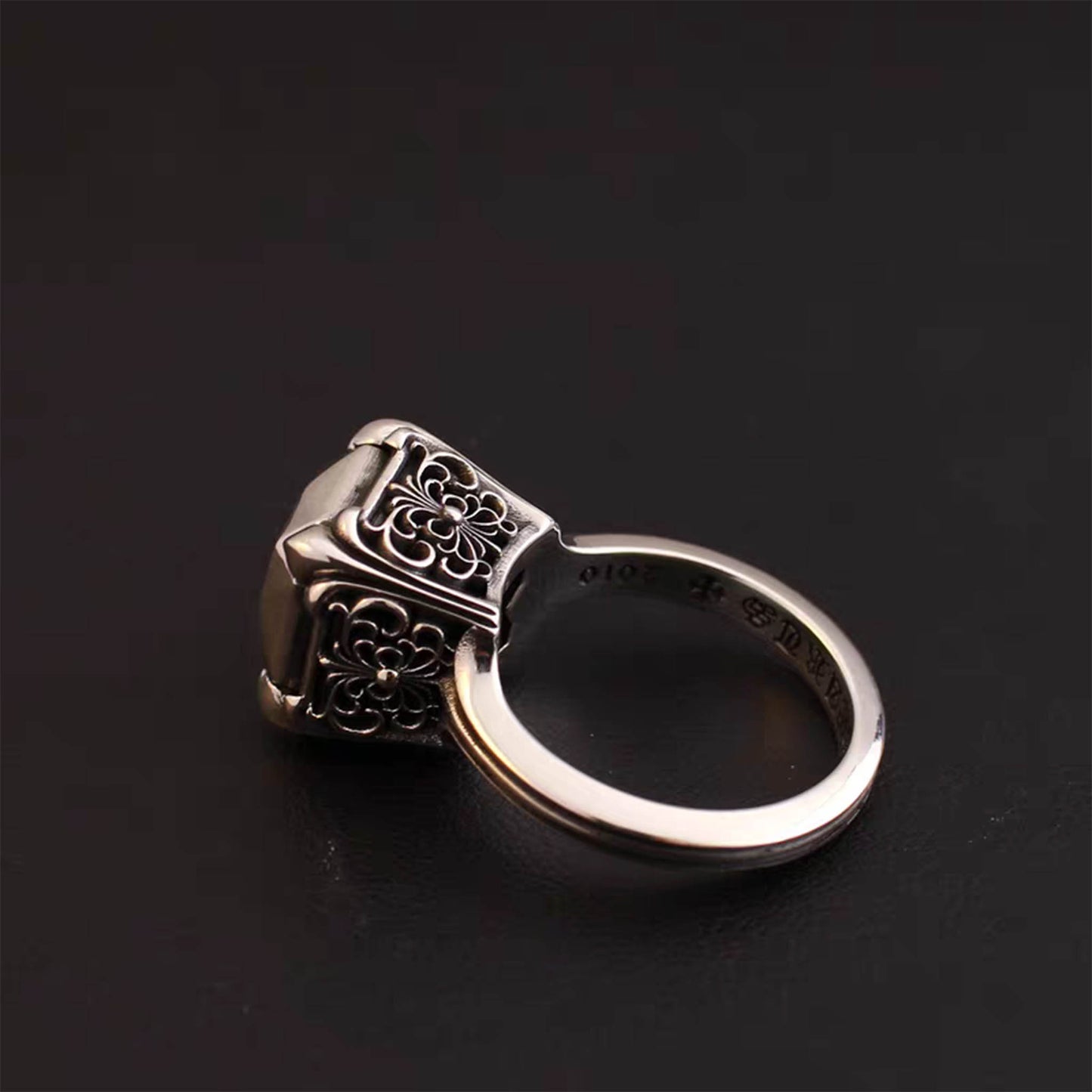 Chrome Hearts Gothic Cross Silver Diamond Ring, Sterling Silver Punk Statement Signet Rings