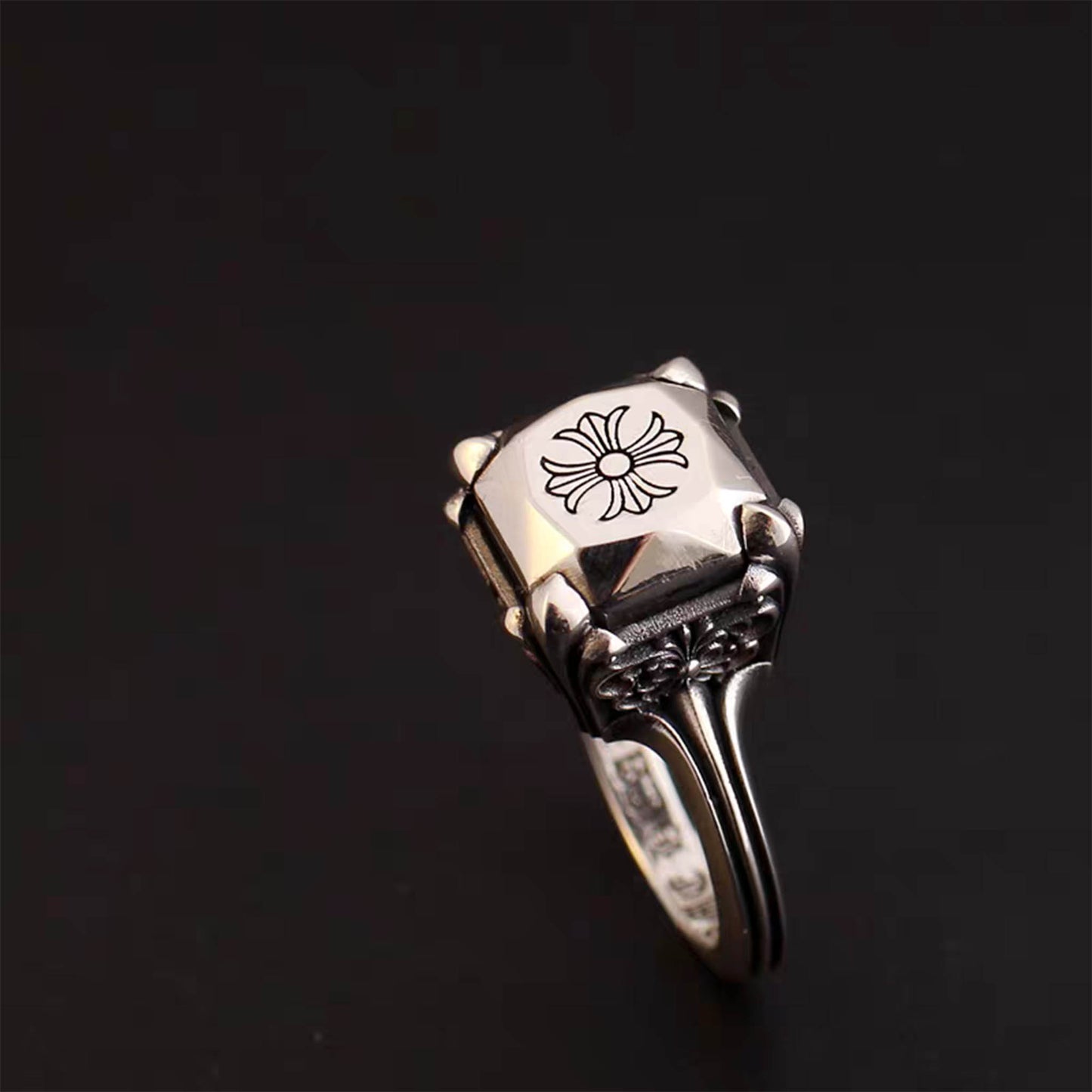 Chrome Hearts Gothic Cross Silver Diamond Ring, Sterling Silver Punk Statement Signet Rings
