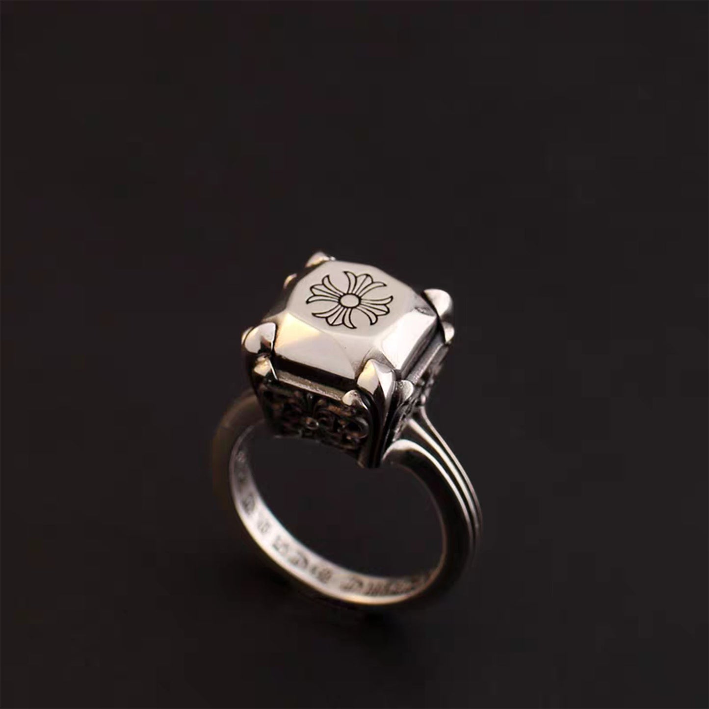 Chrome Hearts Gothic Cross Silver Diamond Ring, Sterling Silver Punk Statement Signet Rings