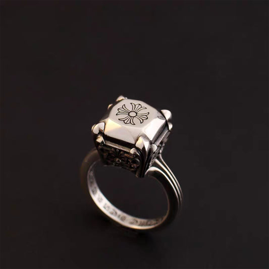 Chrome Hearts Gothic Cross Silver Diamond Ring, Sterling Silver Punk Statement Signet Rings