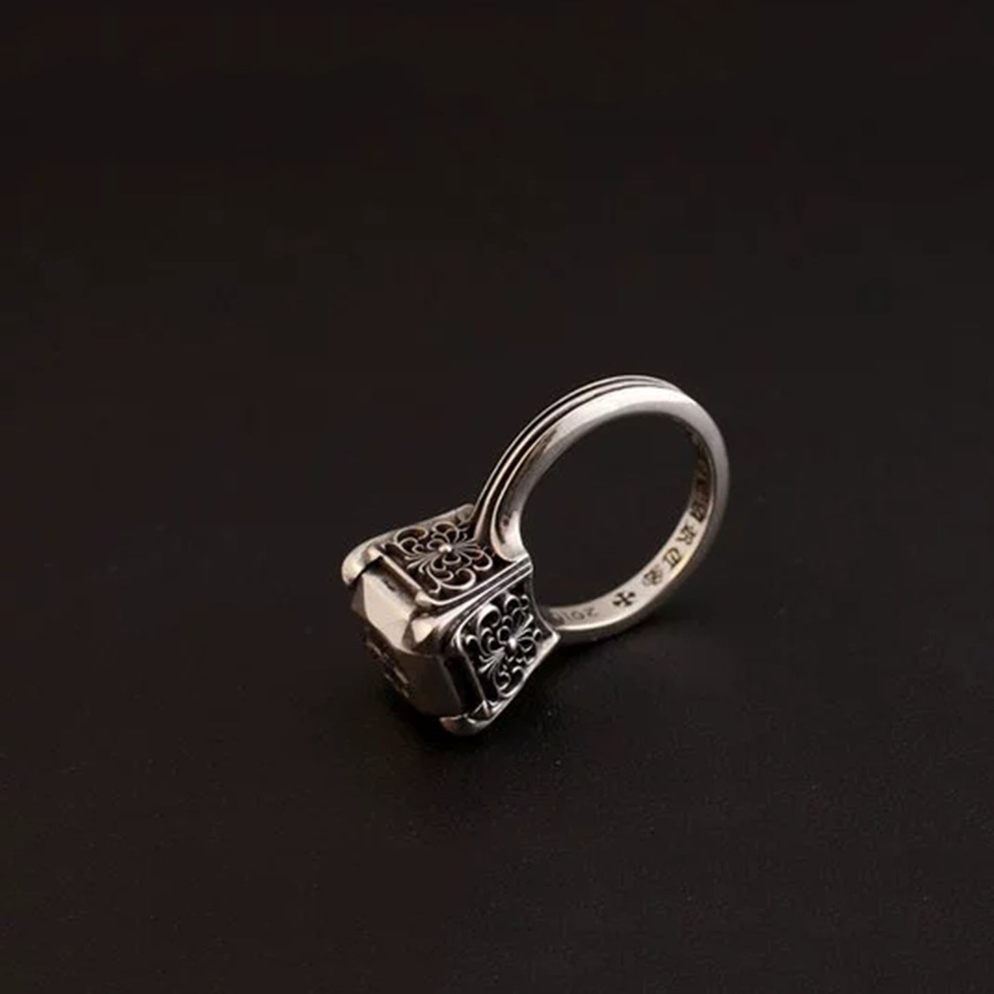 Chrome Hearts Gothic Cross Silver Diamond Ring, Sterling Silver Punk Statement Signet Rings