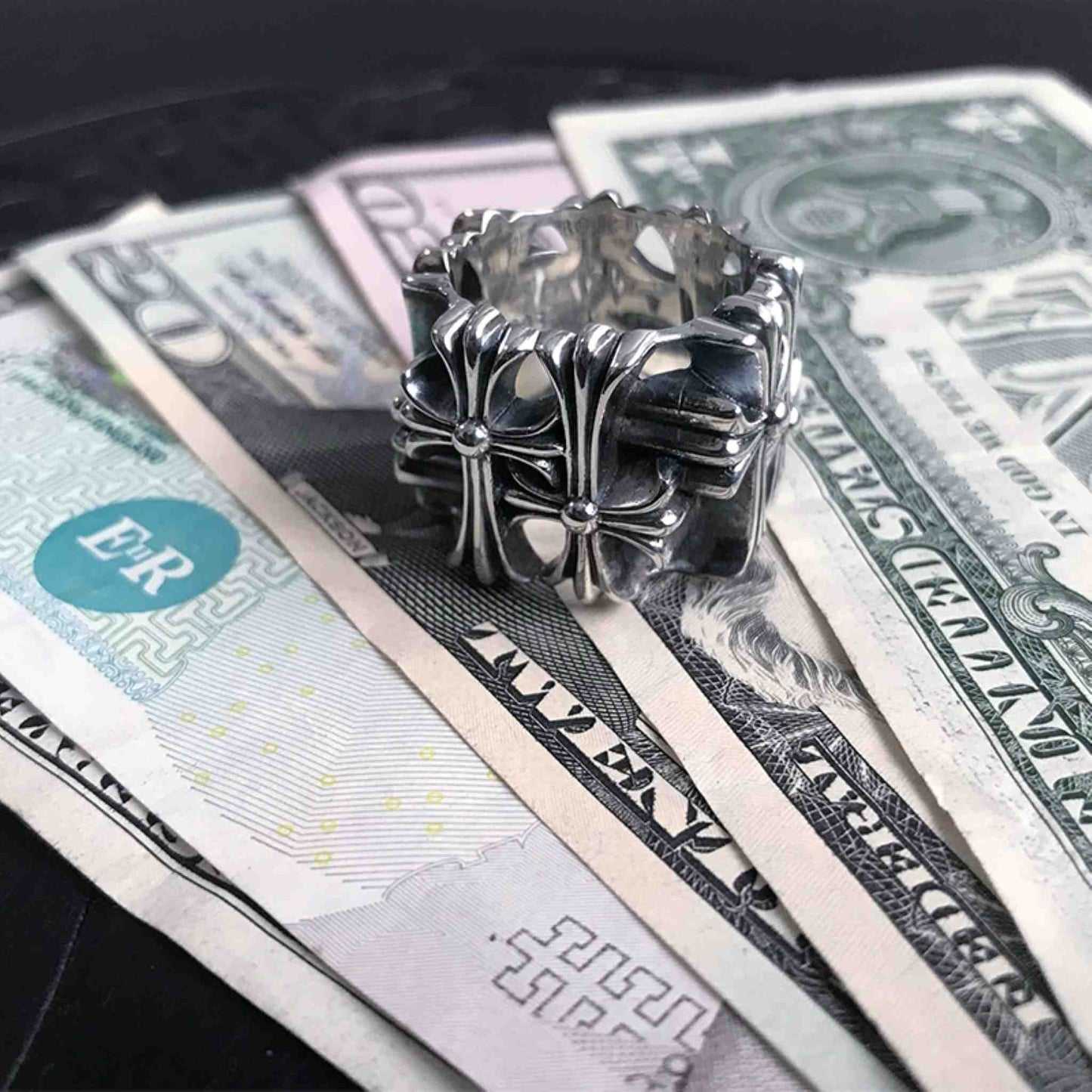 Chrome Hearts Gothic Cross Square Cemetery Ring, 925 Silver Punk Statement Rings