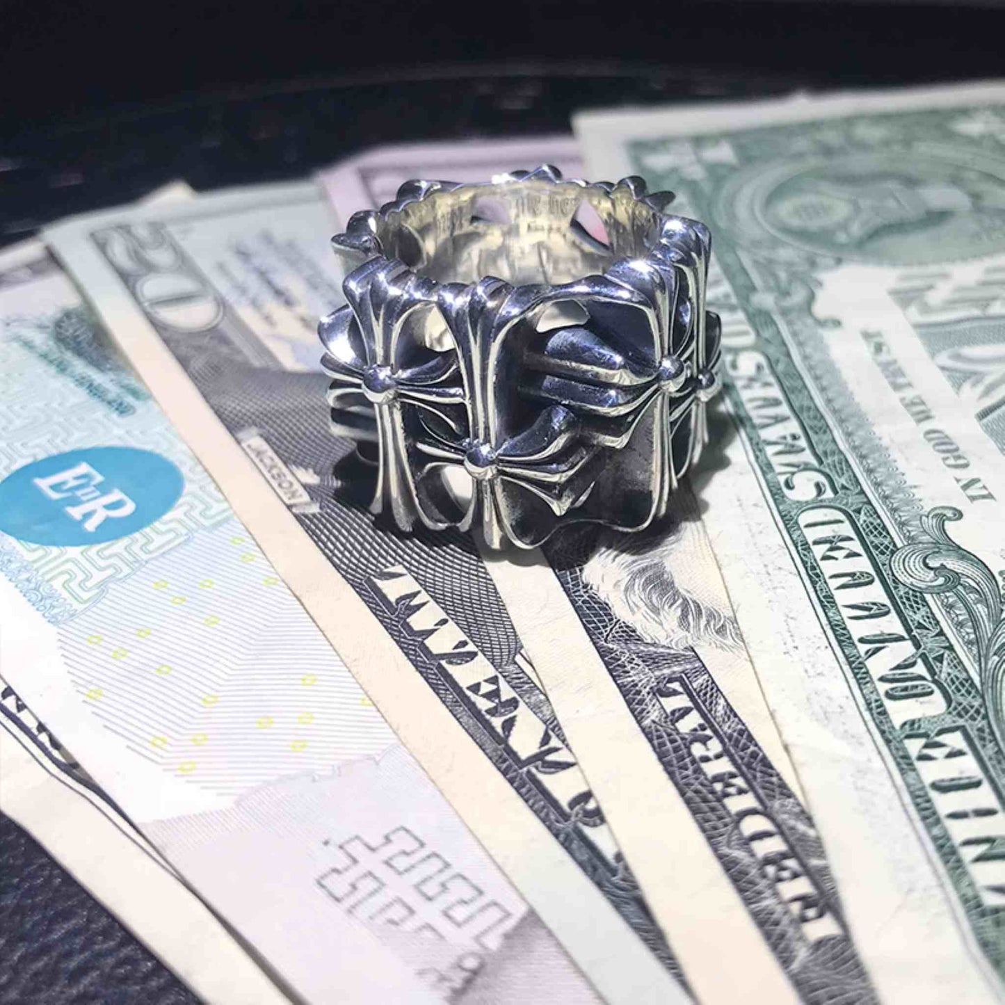 Chrome Hearts Gothic Cross Square Cemetery Ring, 925 Silver Punk Statement Rings