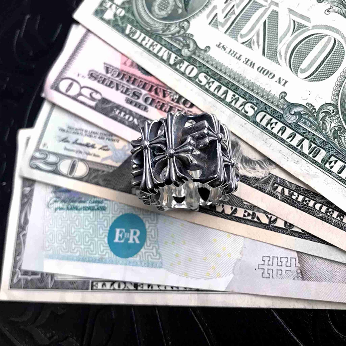 Chrome Hearts Gothic Cross Square Cemetery Ring, 925 Silver Punk Statement Rings