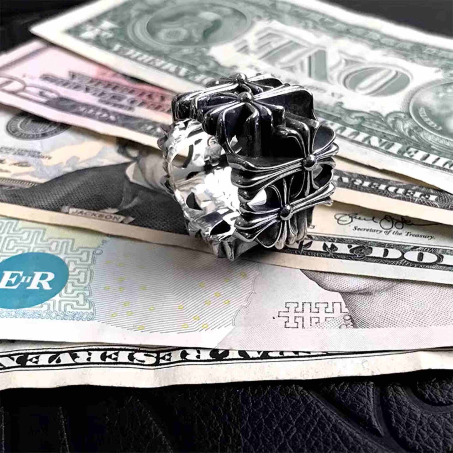 Chrome Hearts Gothic Cross Square Cemetery Ring, 925 Silver Punk Statement Rings