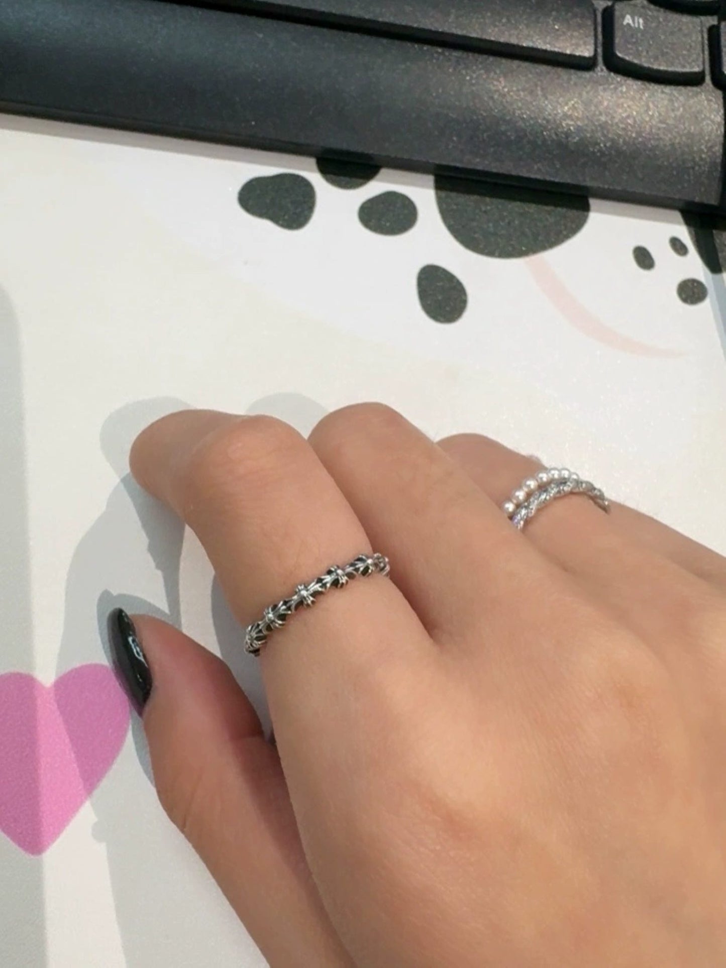 925 Silver Cross Tiny E Babyfat Ring, Punk Statement Cross Ring for Couples