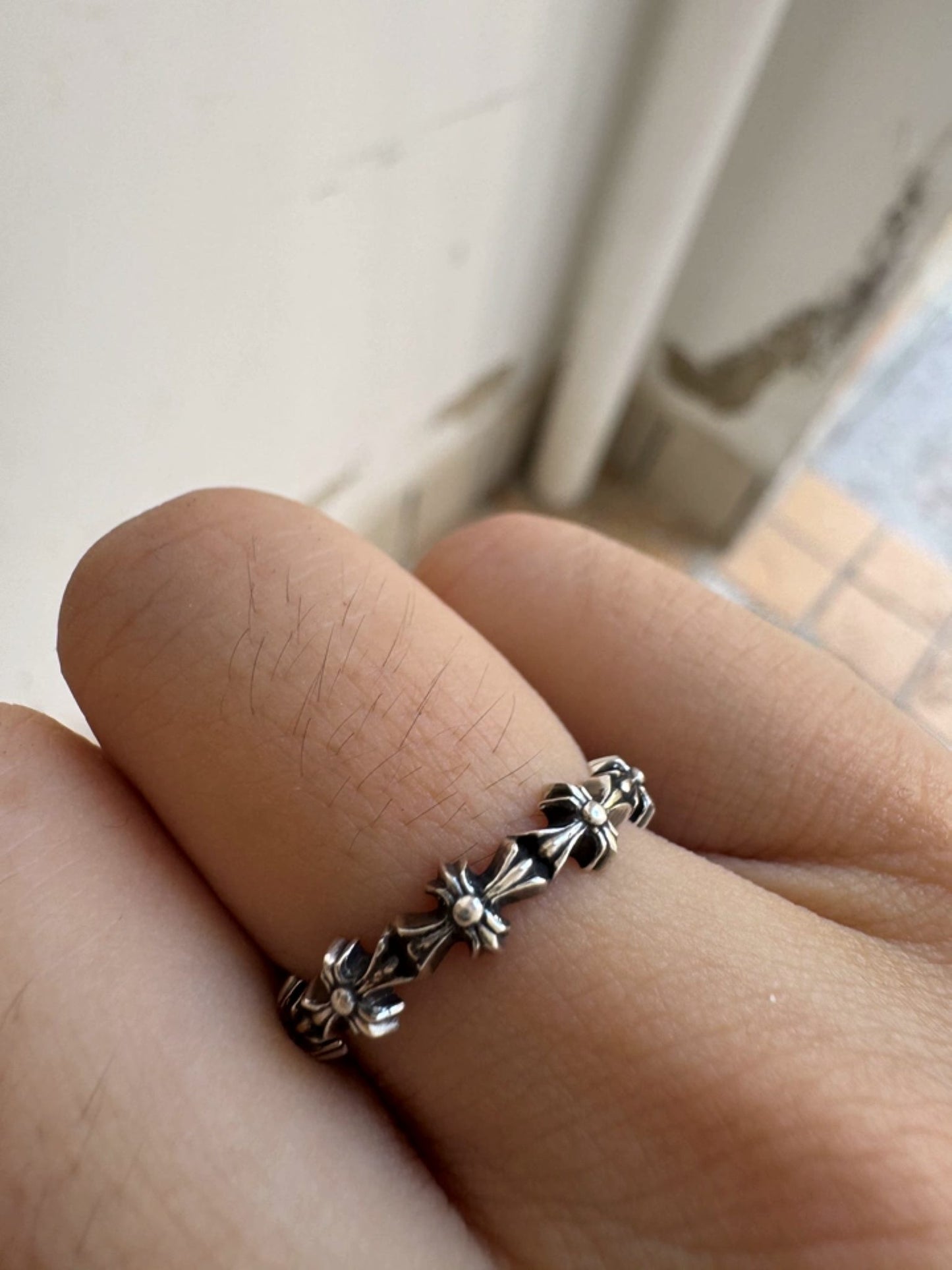 925 Silver Cross Tiny E Babyfat Ring, Punk Statement Cross Ring for Couples
