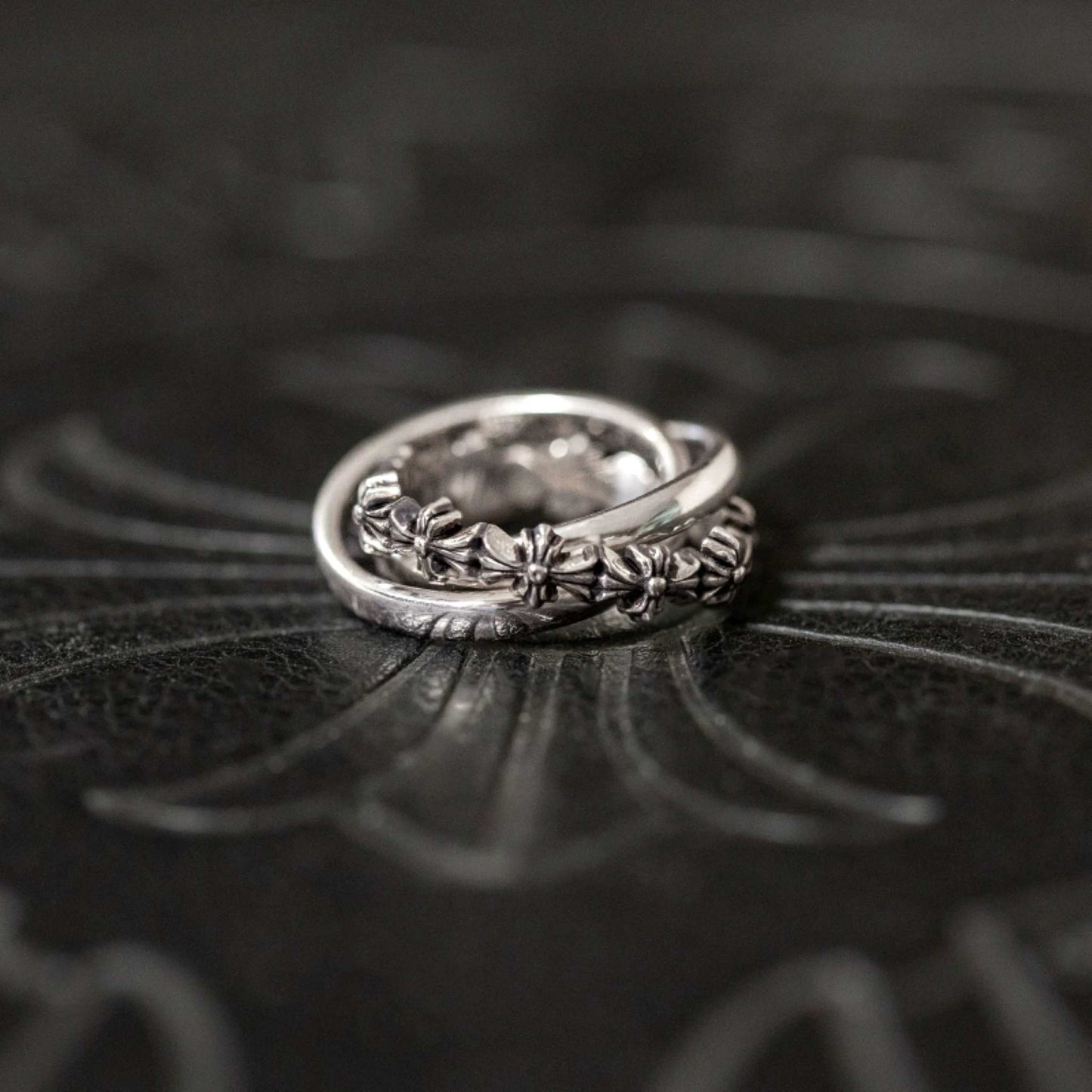 925 Silver Cross Tiny E Plus Band Ring, Punk Statement Triple Stack Rings for Couples