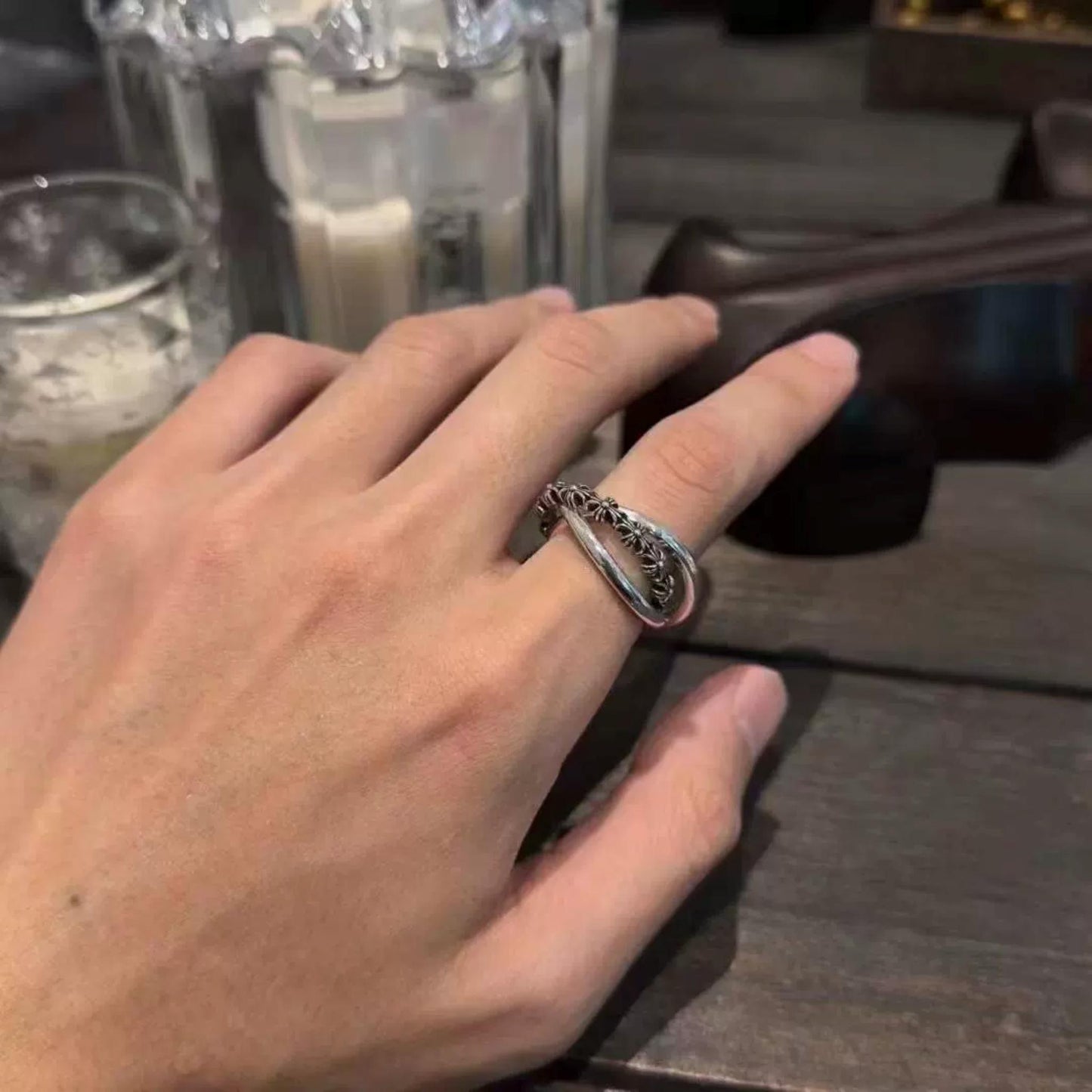 925 Silver Cross Tiny E Plus Band Ring, Punk Statement Triple Stack Rings for Couples