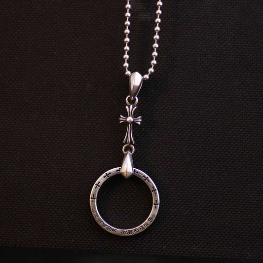 Sterling Silver Gothic Cross & Ring Pendant, Chrome Hearts Punk Statement Ball Chain Necklace