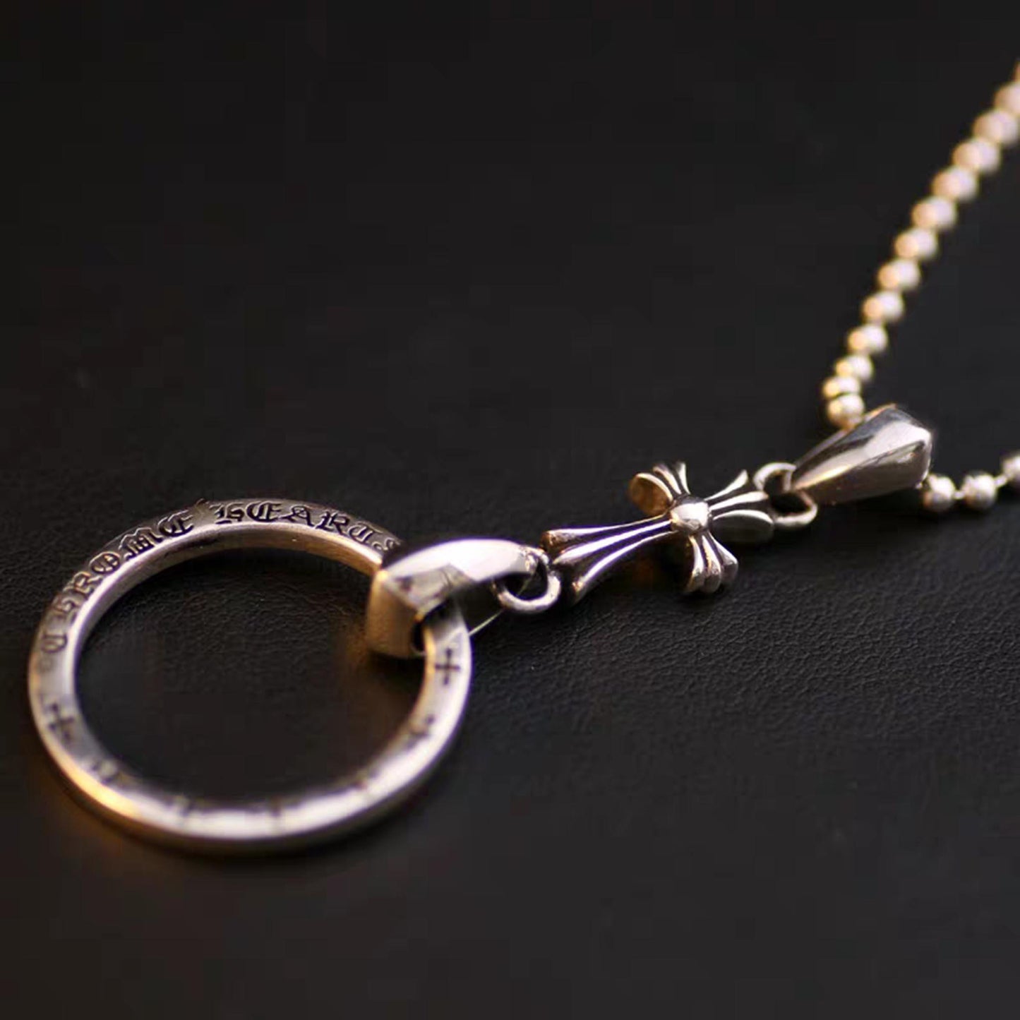 Sterling Silver Gothic Cross & Ring Pendant, Chrome Hearts Punk Statement Ball Chain Necklace