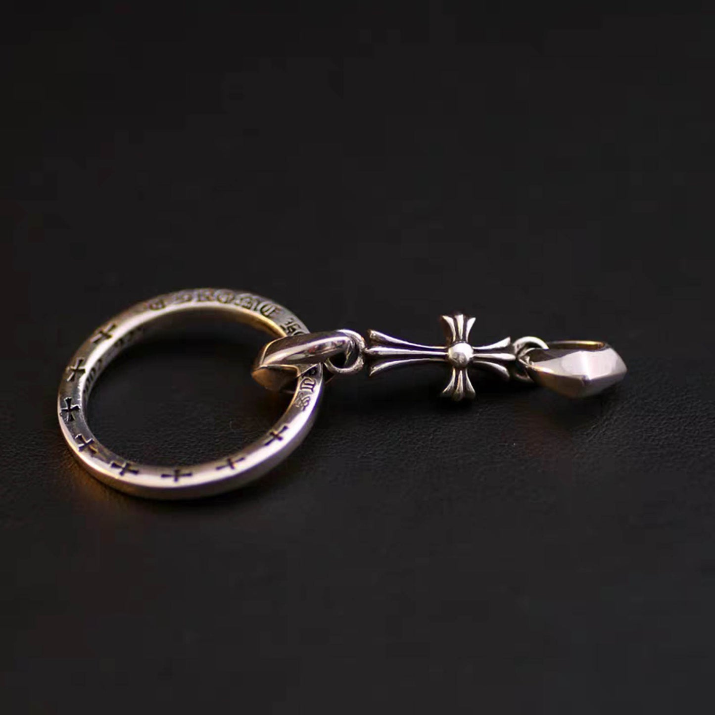 Sterling Silver Gothic Cross & Ring Pendant, Chrome Hearts Punk Statement Ball Chain Necklace