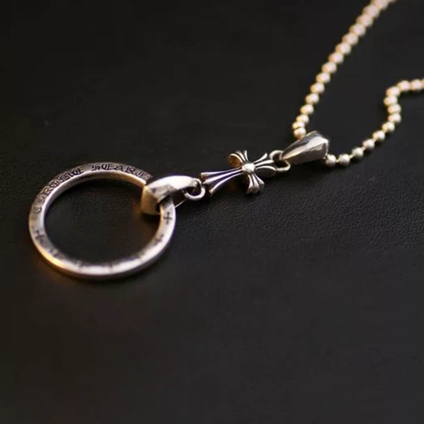 Sterling Silver Gothic Cross & Ring Pendant, Chrome Hearts Punk Statement Ball Chain Necklace