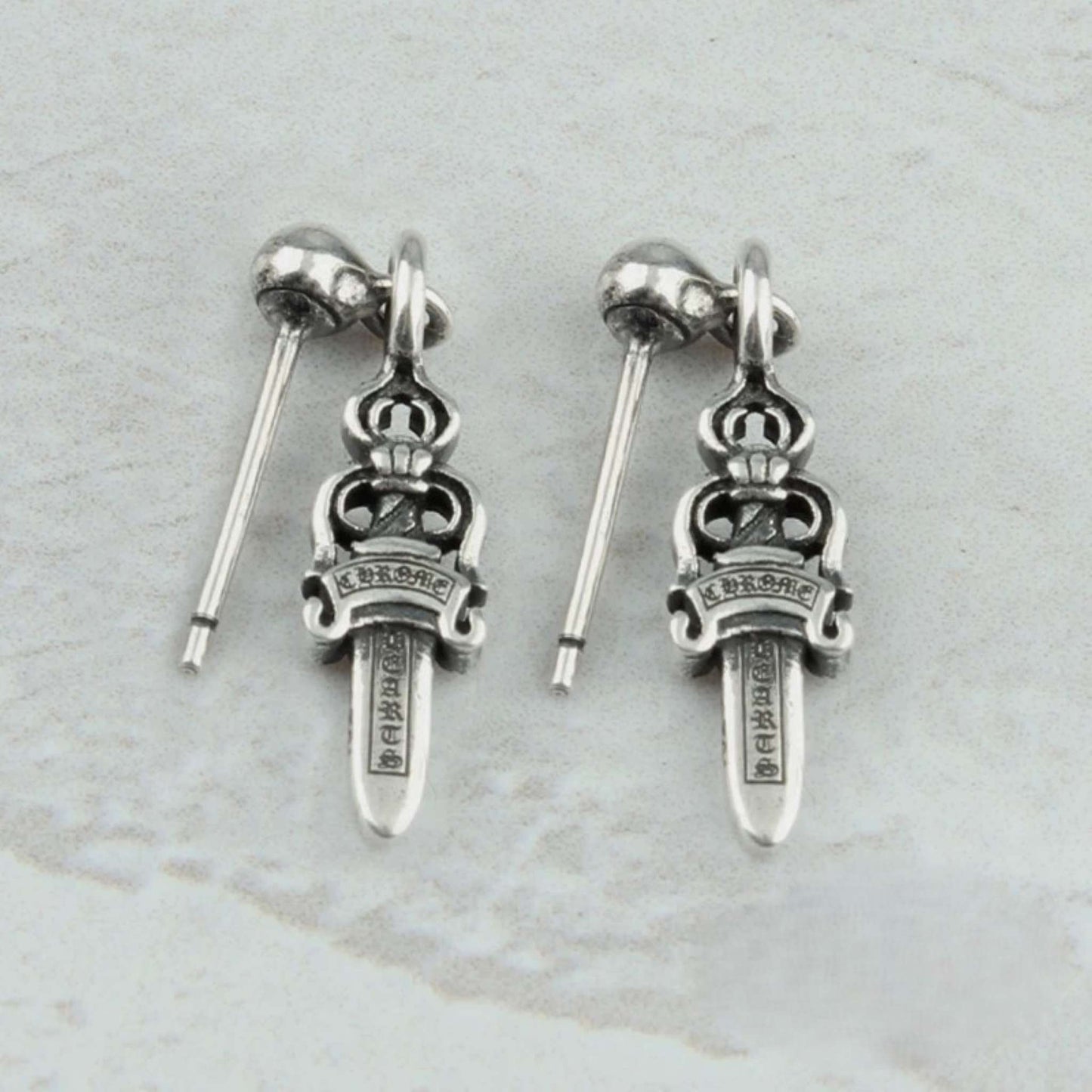 Chrome Hearts Gothic Dagger Earrings, 925 Silver Punk Statement Earrings