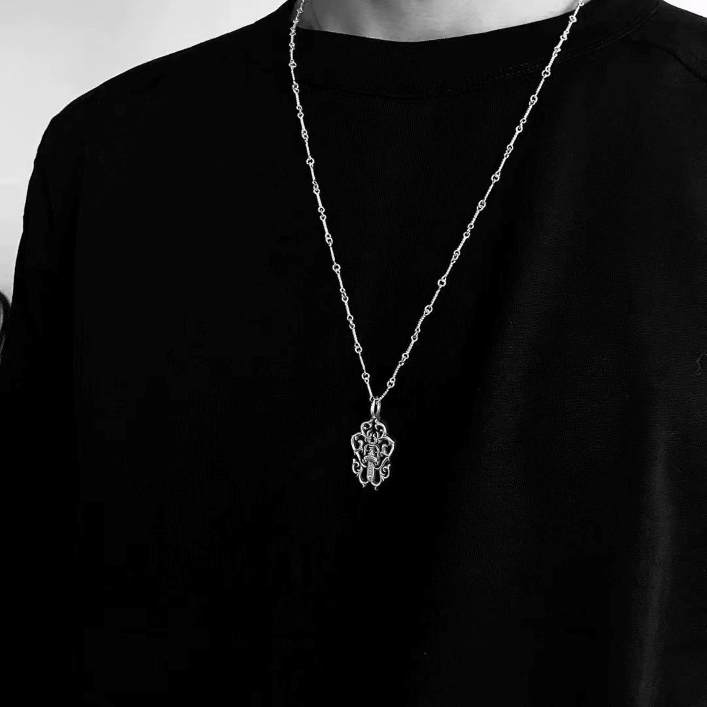 Chrome Hearts Hollow Dagger & Vine Necklace Pendant, 925 Silver Punk Statement Charm