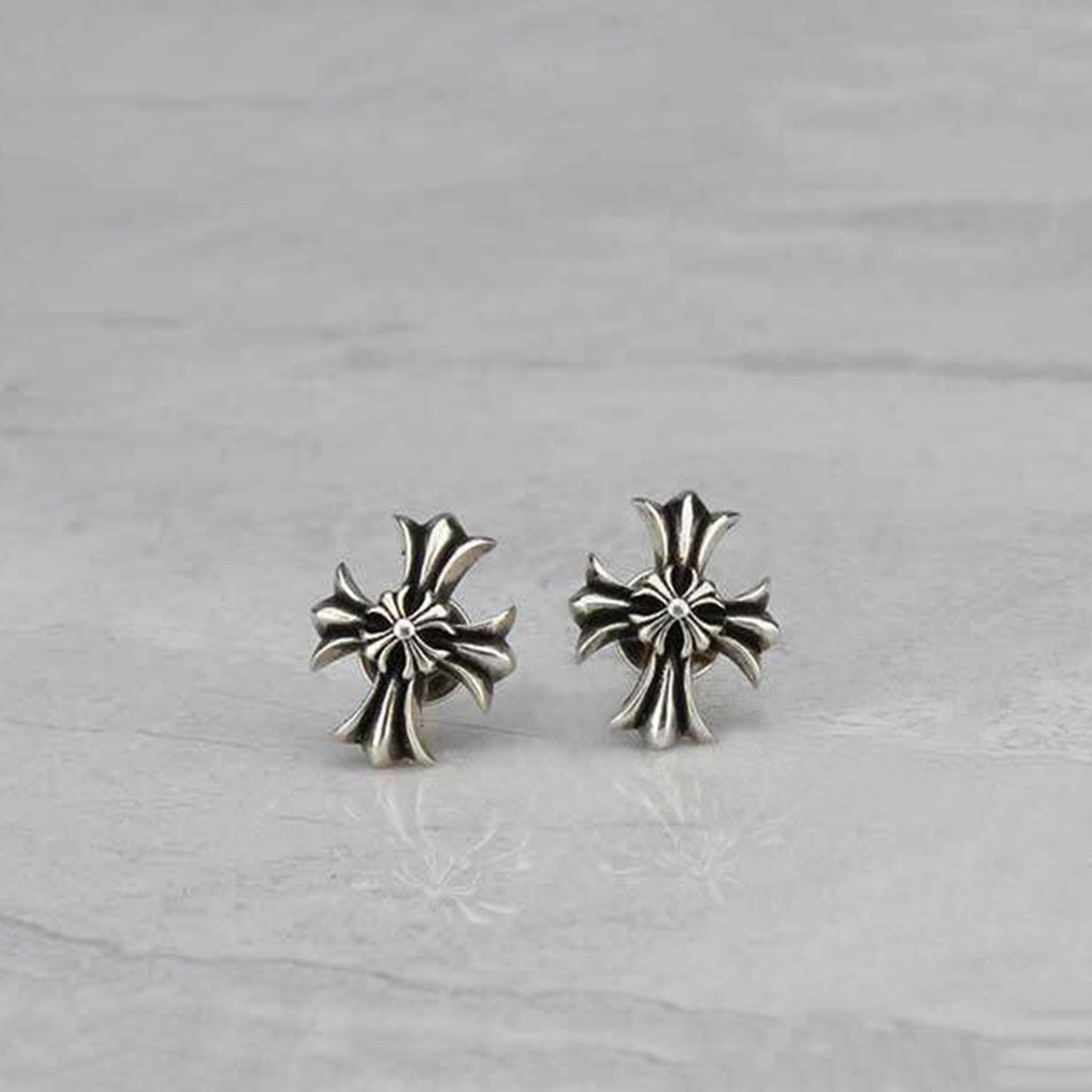 Sterling Silver Gothic Double Layer Cross Earrings, Silver Punk Statement Stud Earring