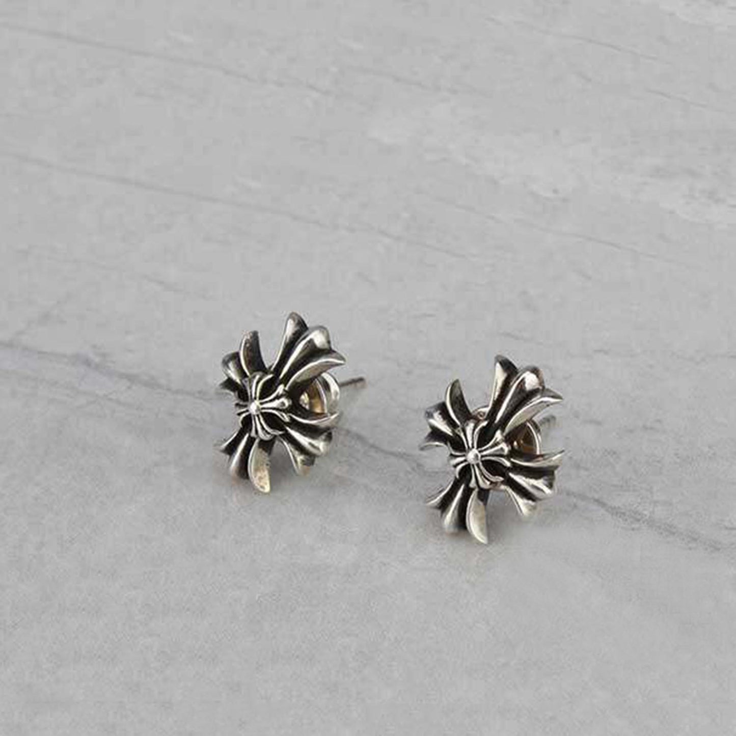 Sterling Silver Gothic Double Layer Cross Earrings, Silver Punk Statement Stud Earring
