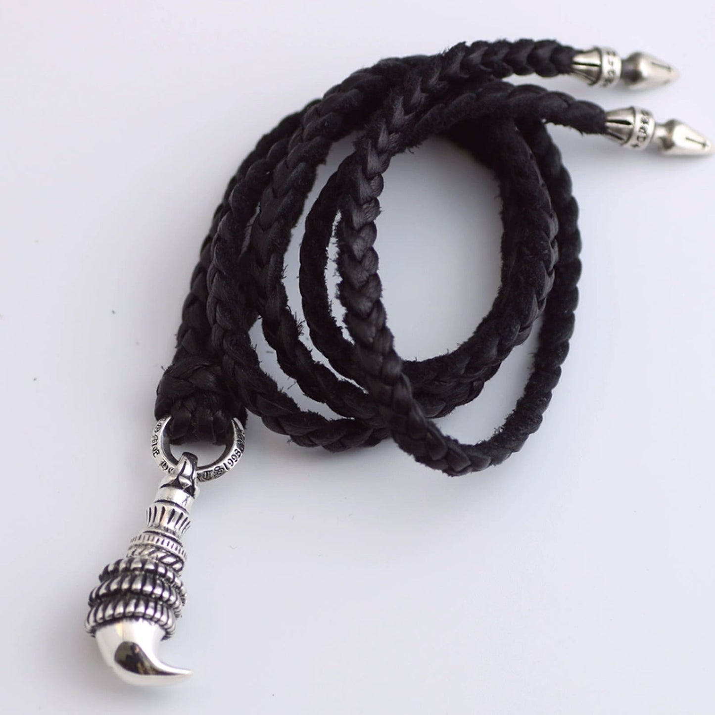 925 Sterling Silver Eagle Claw Pendant, Chrome Hearts Punk Statement Leather Necklace