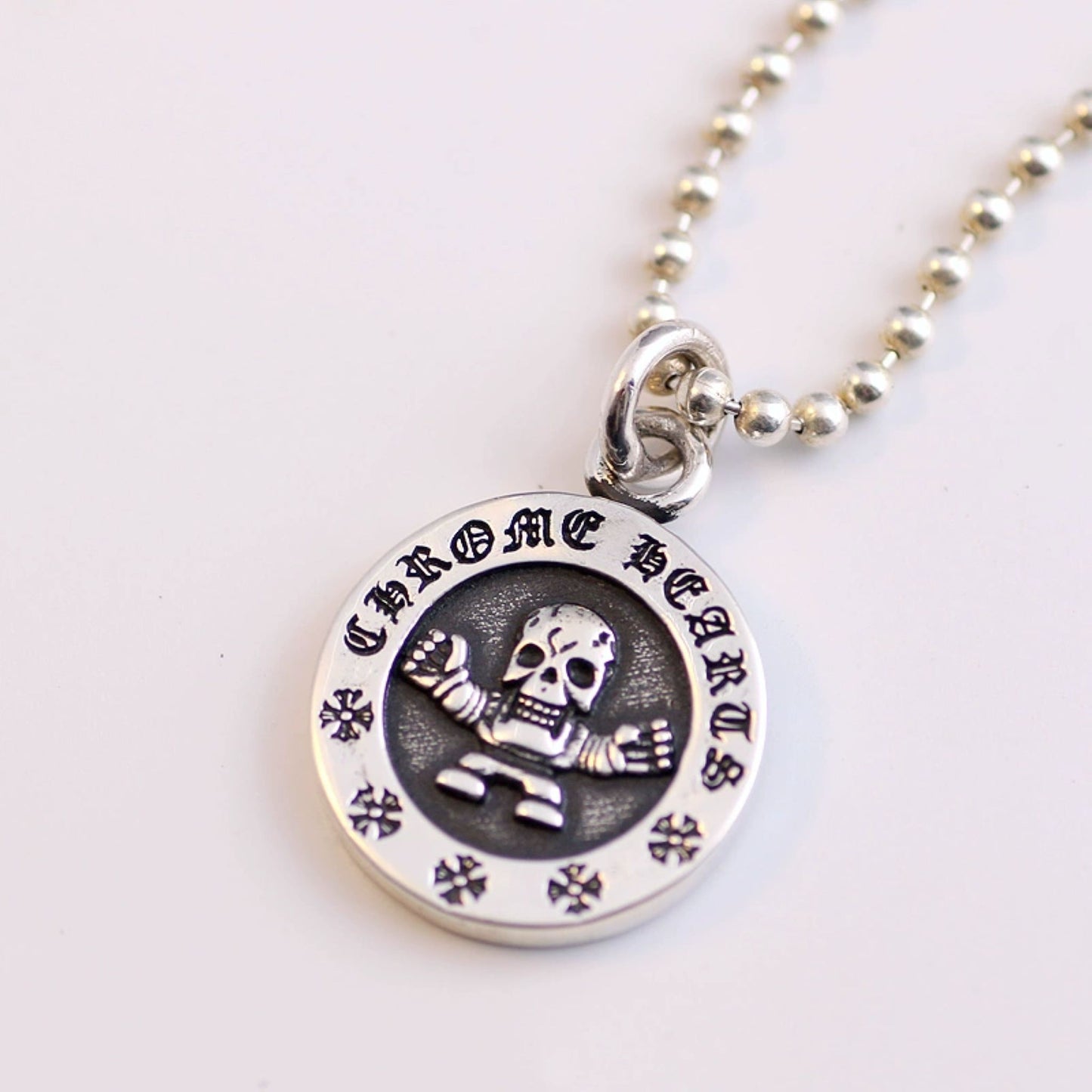 Sterling Silver Foti Skeleton-man Pendant, Chrome Hearts Gothic Cross Ball Chain Necklace