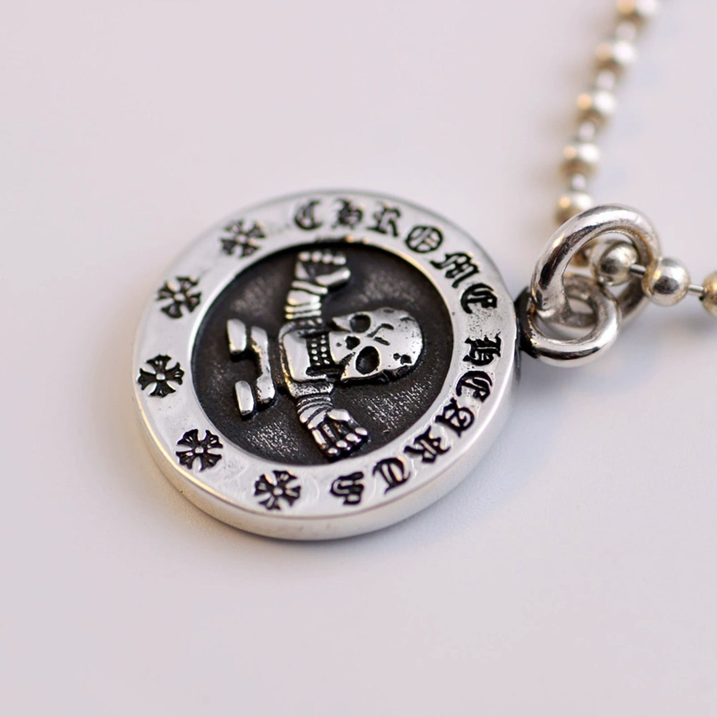 Sterling Silver Foti Skeleton-man Pendant, Chrome Hearts Gothic Cross Ball Chain Necklace