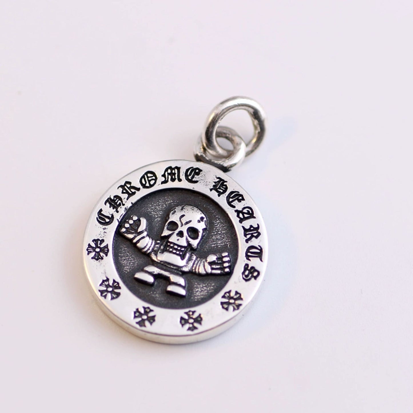 Sterling Silver Foti Skeleton-man Pendant, Chrome Hearts Gothic Cross Ball Chain Necklace