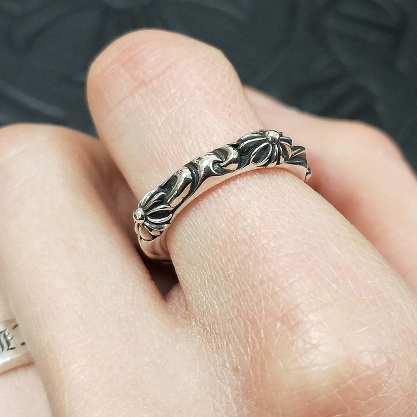 Chrome Hearts Four Crosses Flower Ring, 925 Silver Punk Statement Ring for Couples