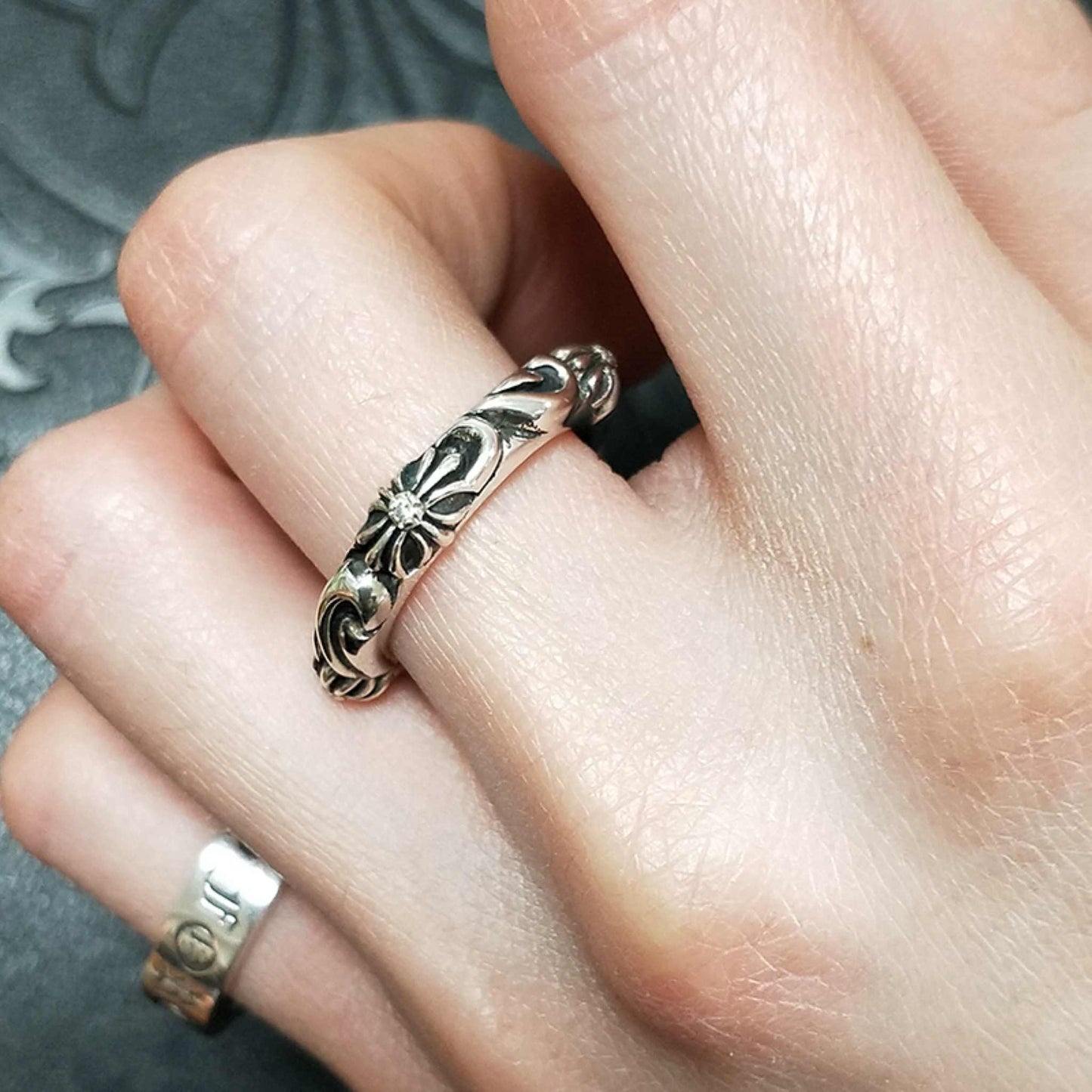 Chrome Hearts Four Crosses Flower Ring, 925 Silver Punk Statement Ring for Couples