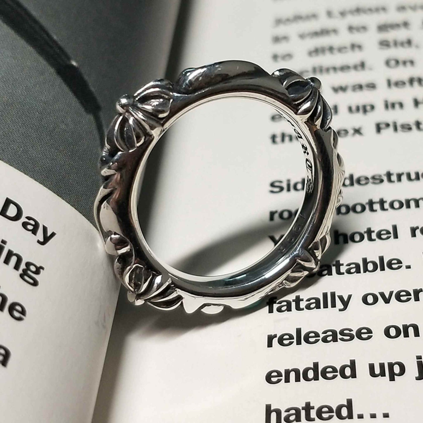 Chrome Hearts Four Crosses Flower Ring, 925 Silver Punk Statement Ring for Couples