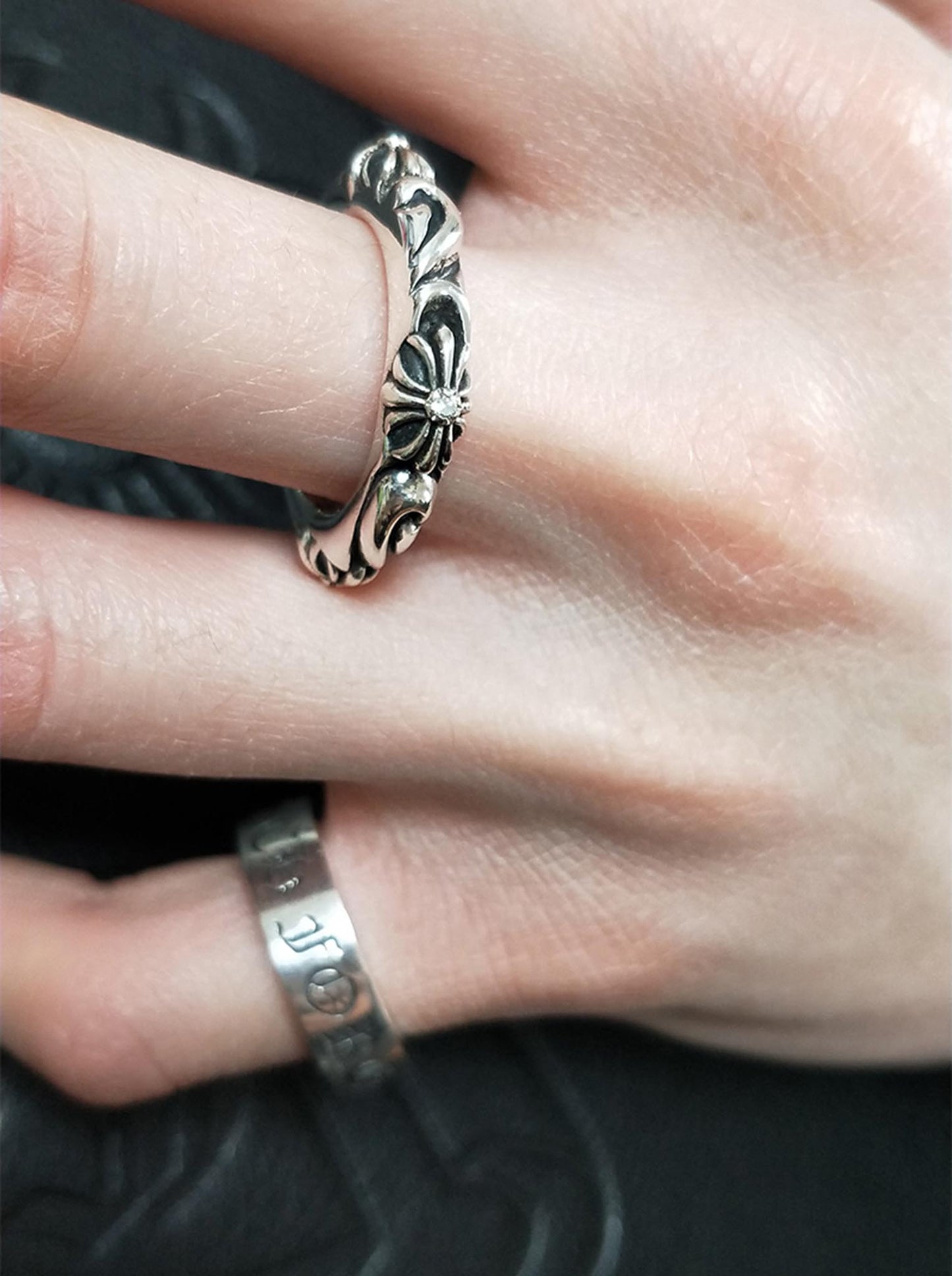 Chrome Hearts Four Crosses Flower Ring, 925 Silver Punk Statement Ring for Couples