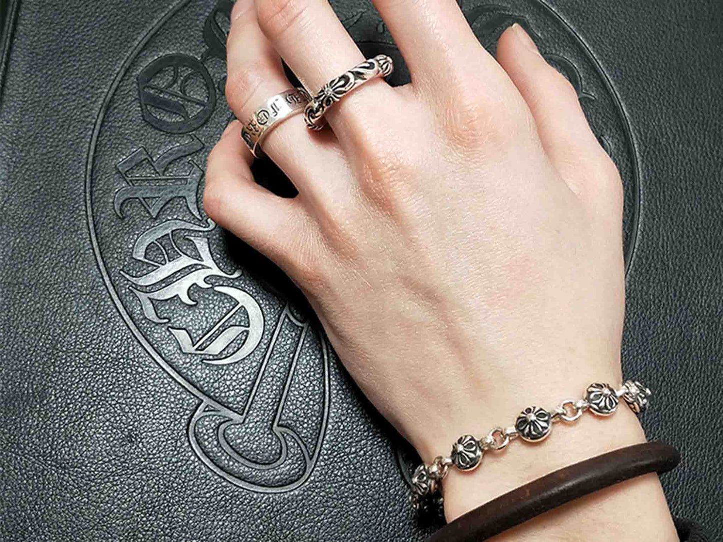 Chrome Hearts Four Crosses Flower Ring, 925 Silver Punk Statement Ring for Couples