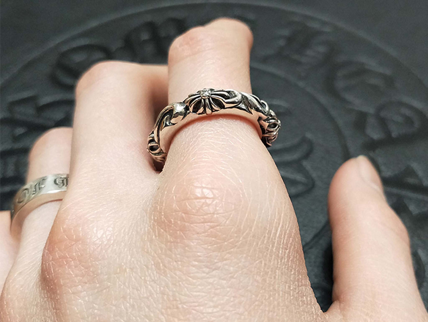 Chrome Hearts Four Crosses Flower Ring, 925 Silver Punk Statement Ring for Couples