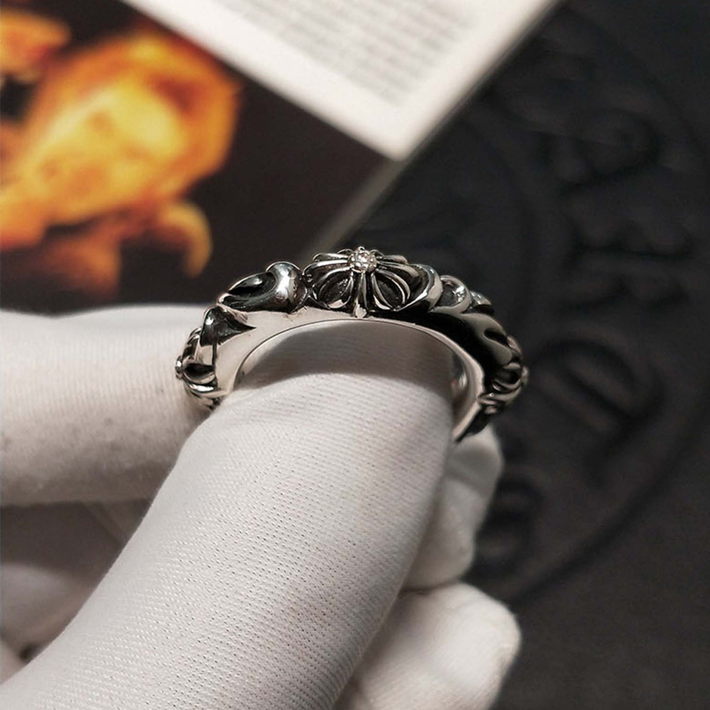 Chrome Hearts Four Crosses Flower Ring, 925 Silver Punk Statement Ring for Couples