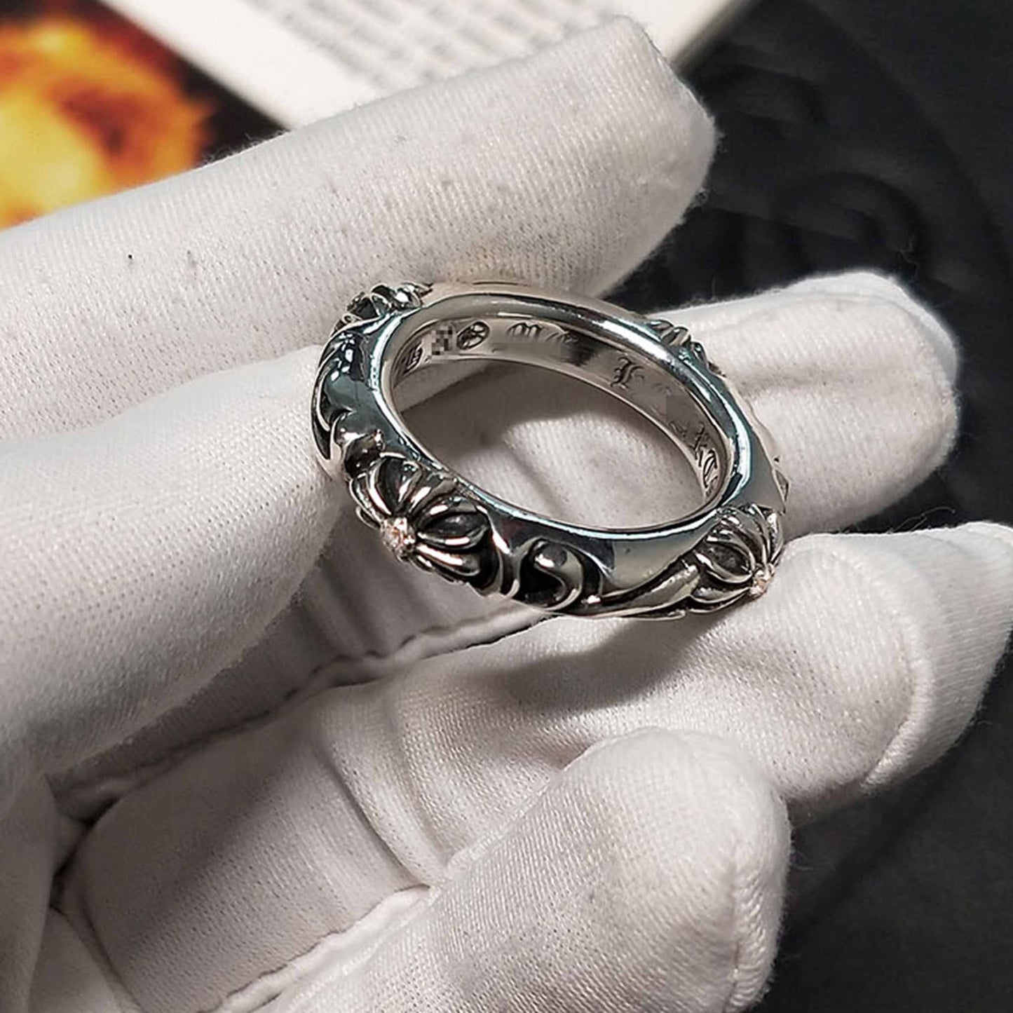 Chrome Hearts Four Crosses Flower Ring, 925 Silver Punk Statement Ring for Couples