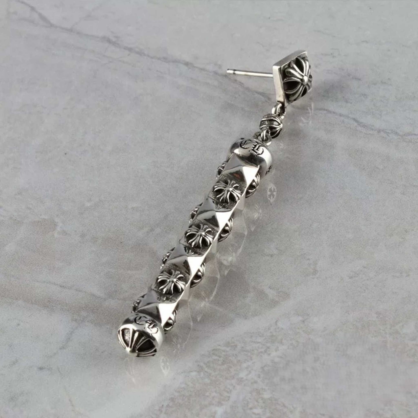Chrome Hearts Gothic Cross Bar Earrings, CH Sterling Silver Punk Statement Dangle Earring