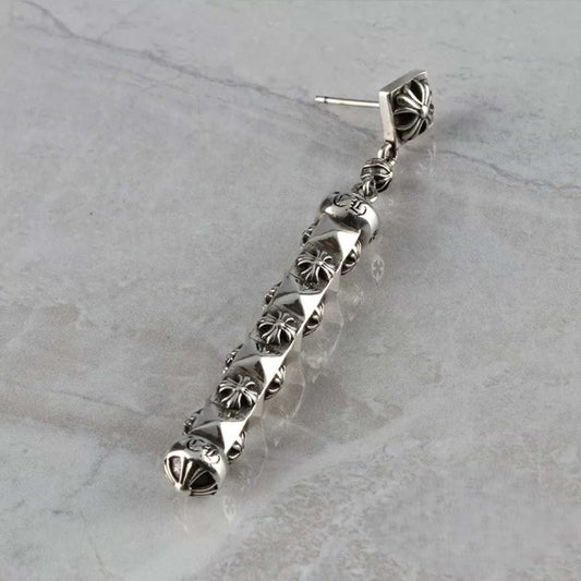 Chrome Hearts Gothic Cross Bar Earrings, CH Sterling Silver Punk Statement Dangle Earring