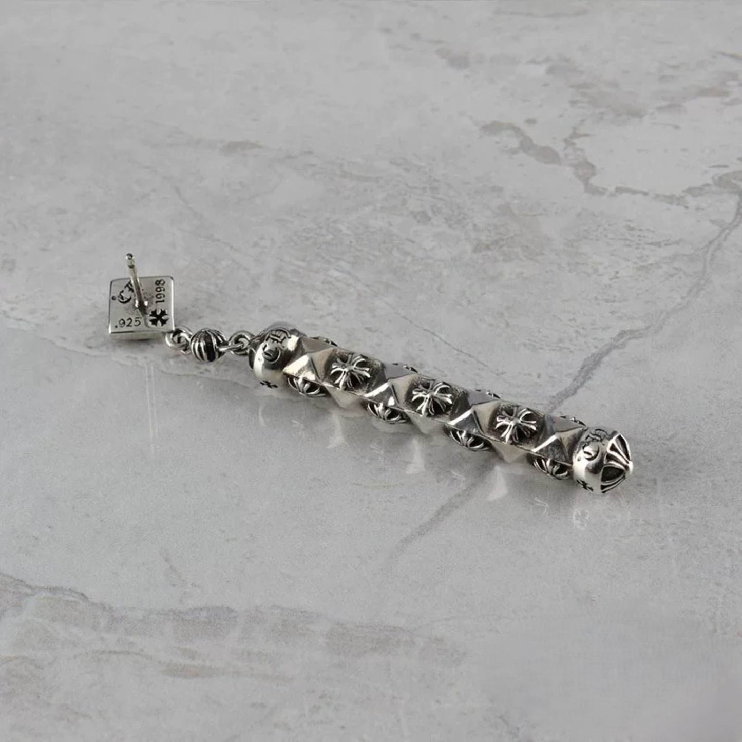 Chrome Hearts Gothic Cross Bar Earrings, CH Sterling Silver Punk Statement Dangle Earring