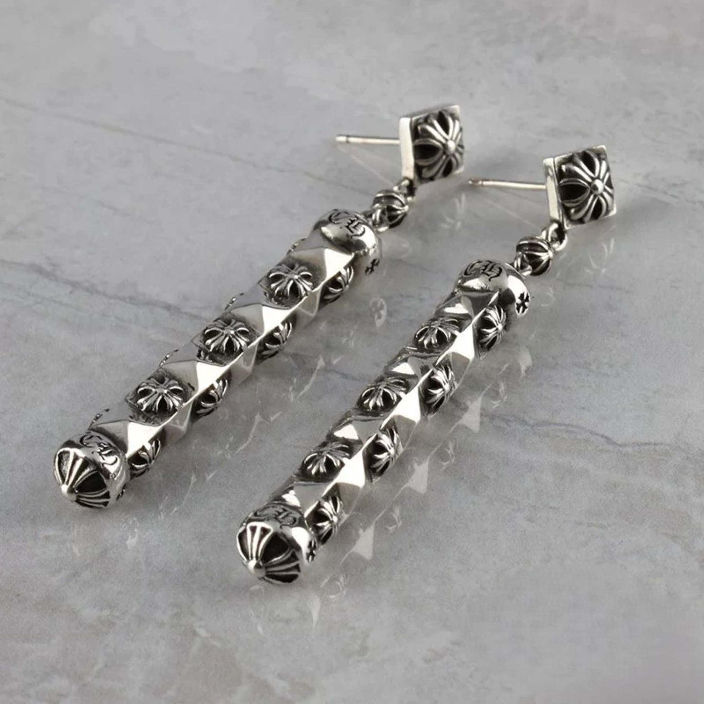 Chrome Hearts Gothic Cross Bar Earrings, CH Sterling Silver Punk Statement Dangle Earring