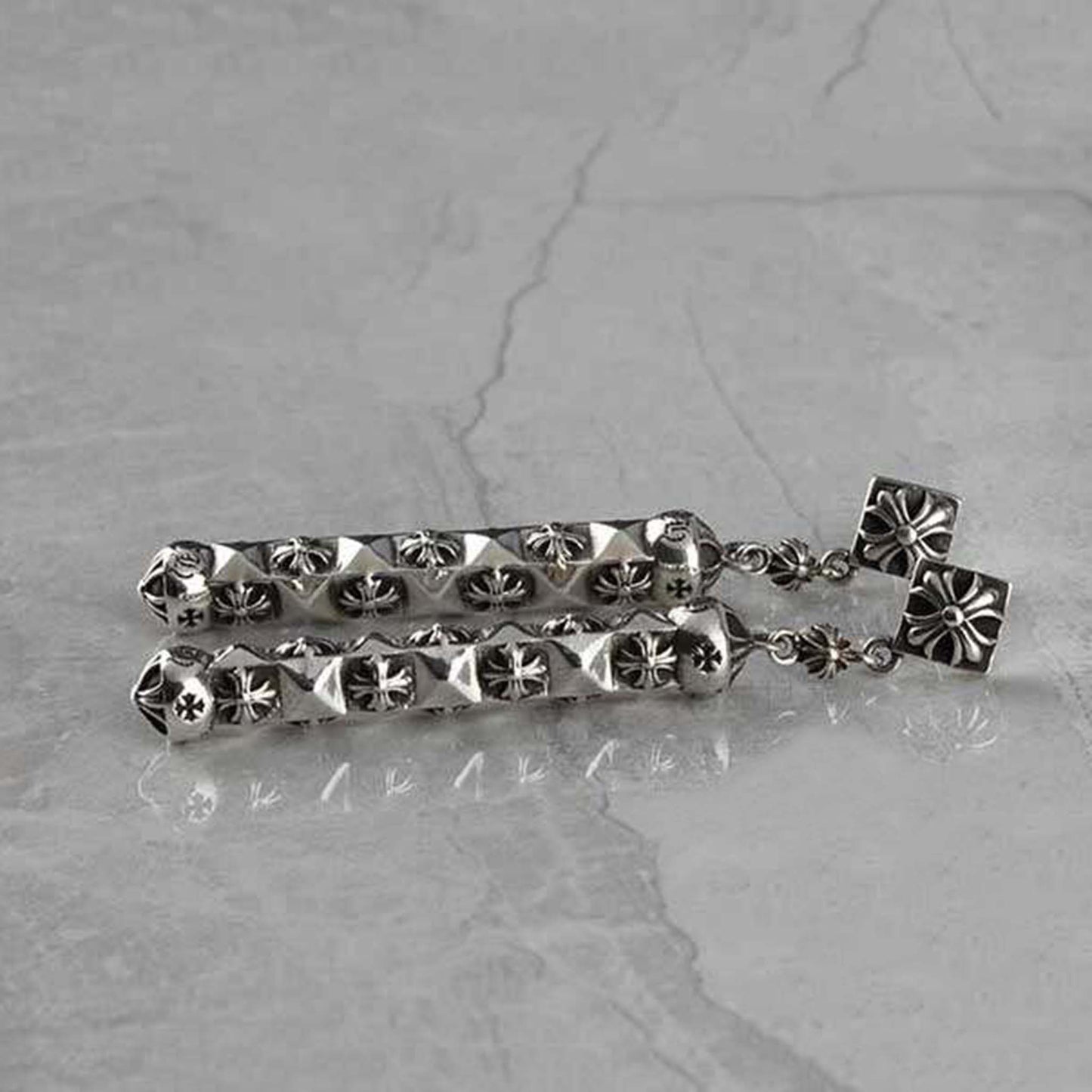 Chrome Hearts Gothic Cross Bar Earrings, CH Sterling Silver Punk Statement Dangle Earring