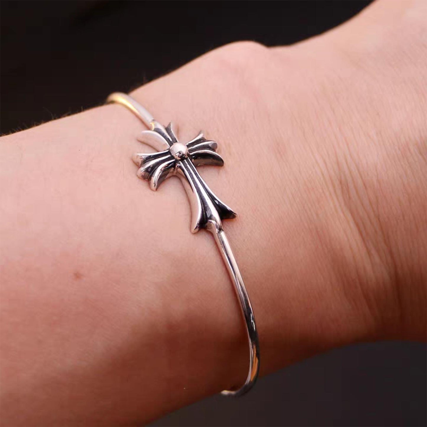 Chrome Hearts Sterling Silver Open Bracelet, Gothic Cross Bangle, Punk Statement Bracelets
