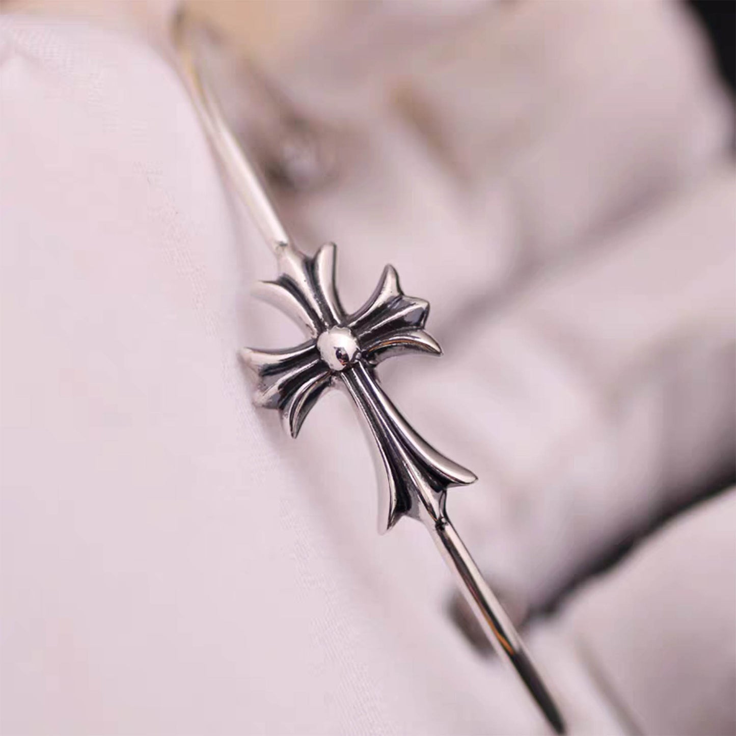 Chrome Hearts Sterling Silver Open Bracelet, Gothic Cross Bangle, Punk Statement Bracelets