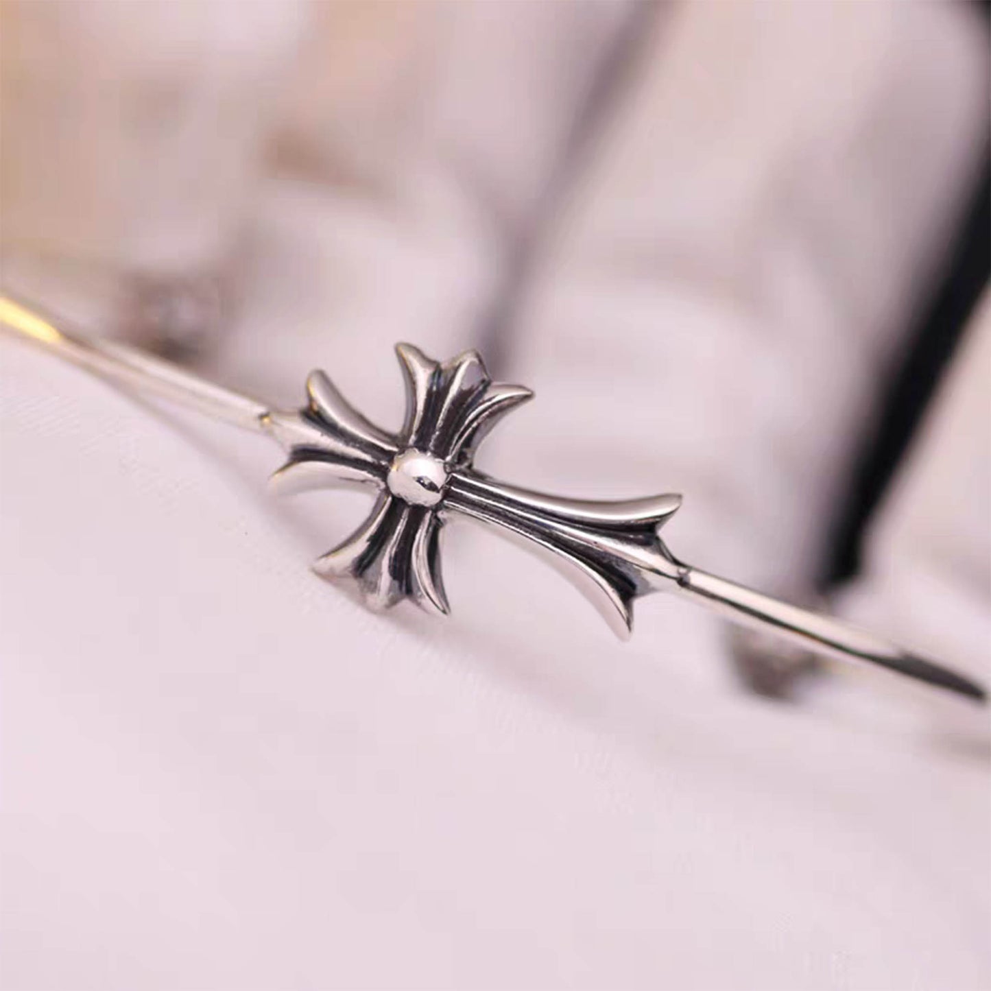 Chrome Hearts Sterling Silver Open Bracelet, Gothic Cross Bangle, Punk Statement Bracelets