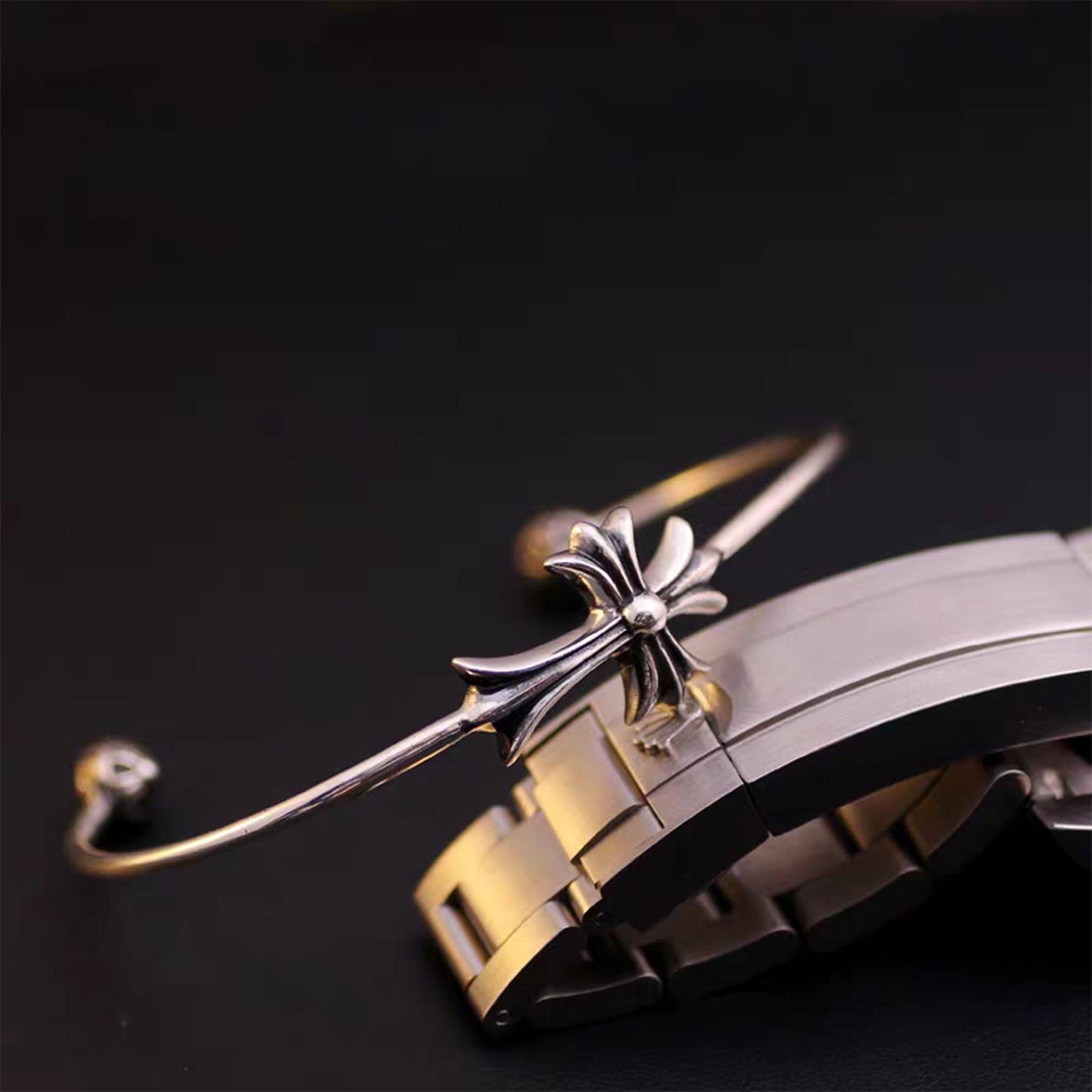 Chrome Hearts Sterling Silver Open Bracelet, Gothic Cross Bangle, Punk Statement Bracelets